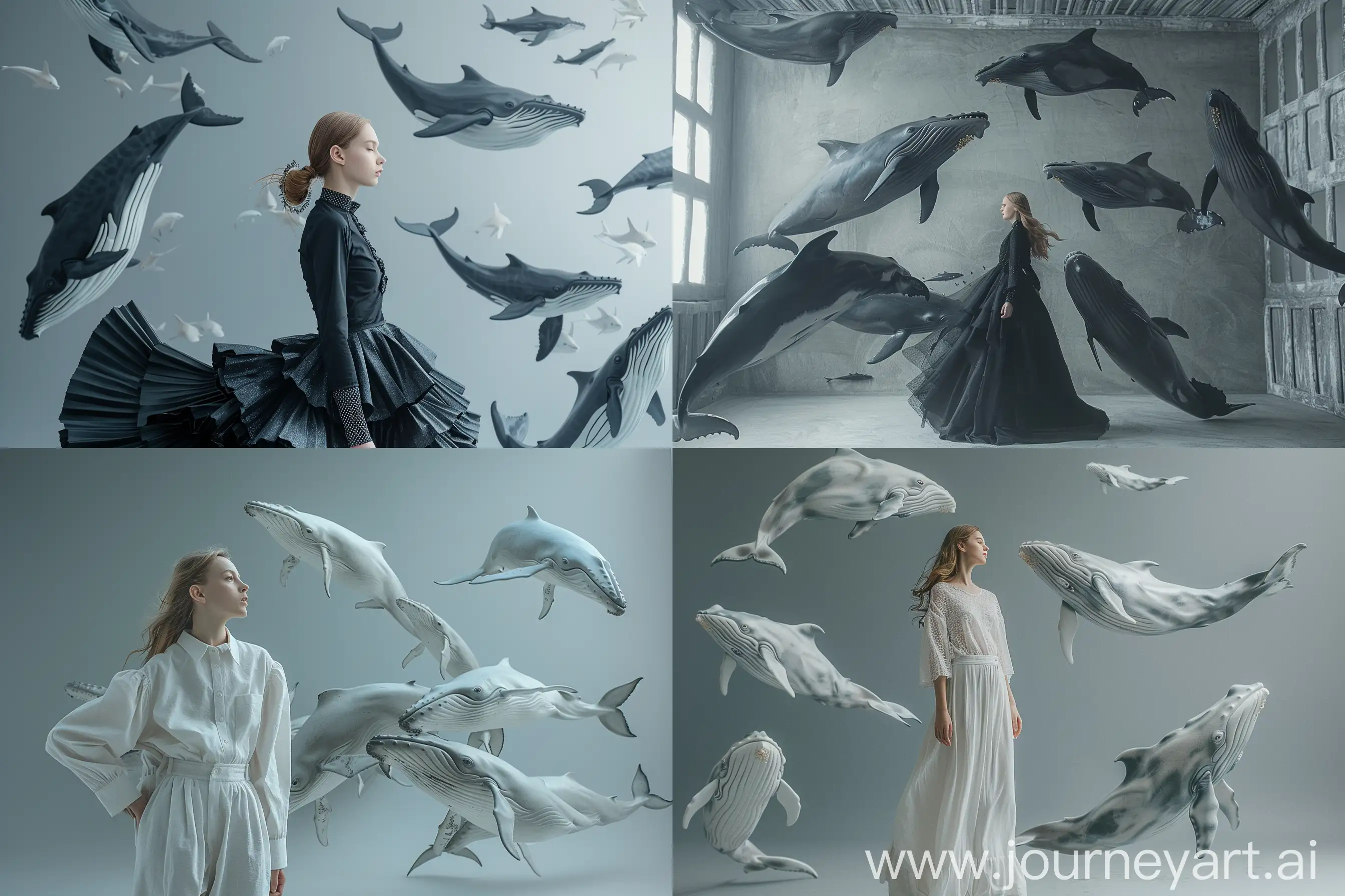 Minimalistically dressed woman, with surreal whales circling in a studio-lit gray scene, fashion photography composition --ar 3:2 --stylize 300