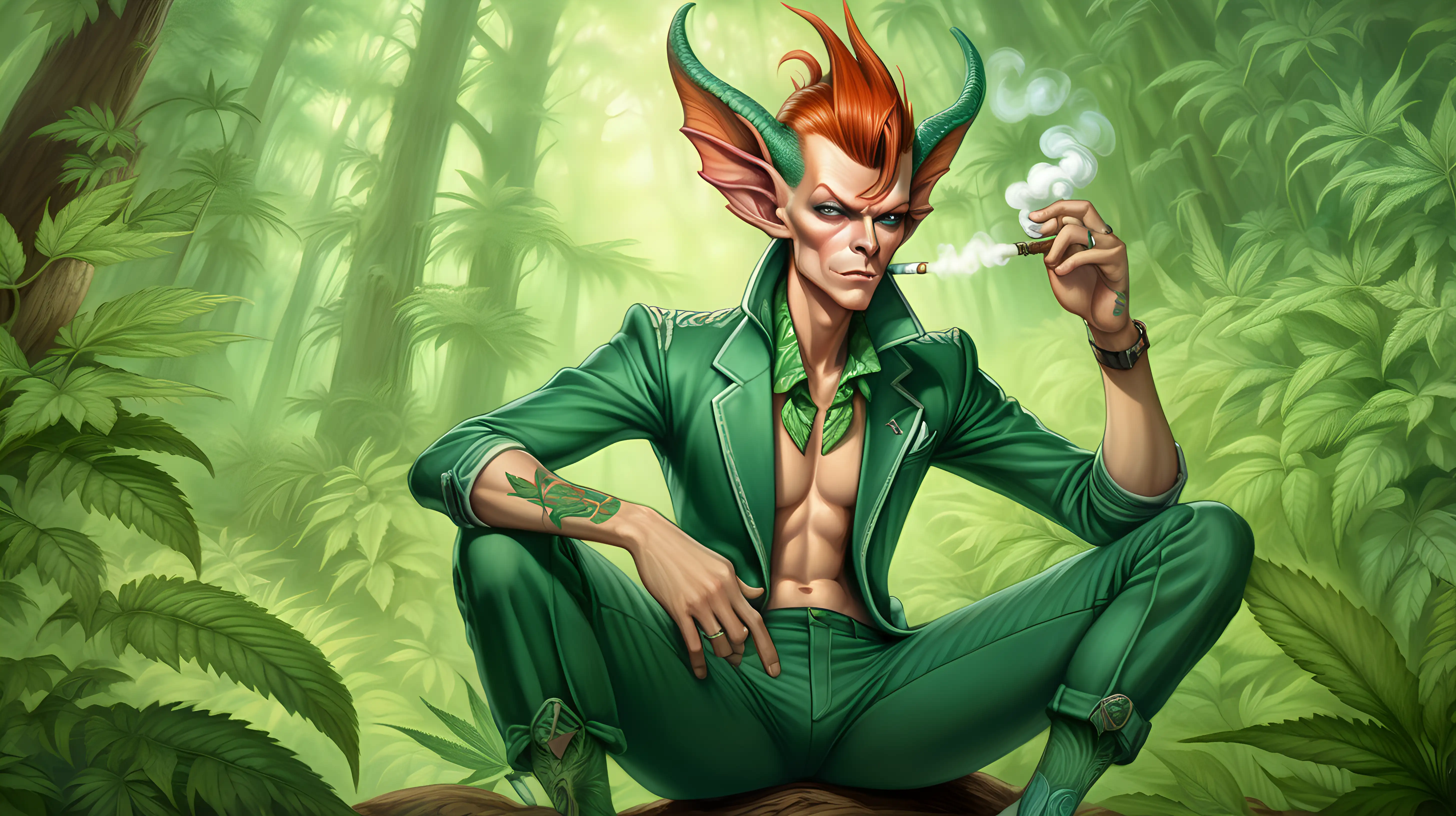 a man sitting on top of a lush green forest having a smoke break, hatched pointed ears, character splash art, tatoo, group portraits, boy, as an anthropomorphic dragon, bowie, exotic fey features, breeding, two pointed ears,cannabis, 