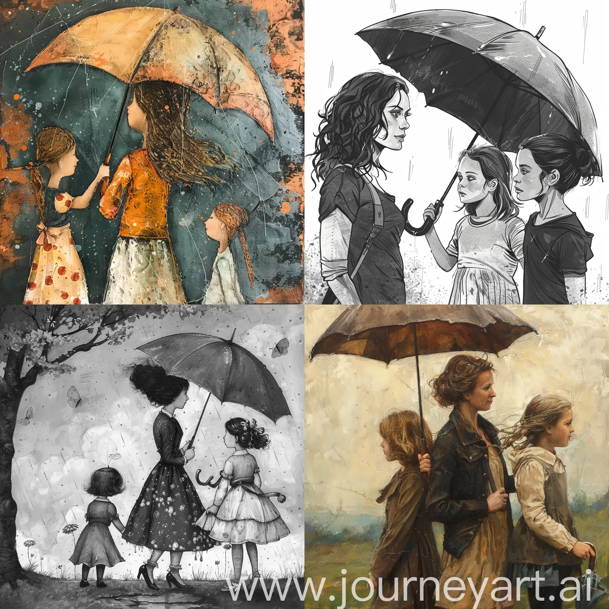 The mother held an umbrella and turned to the side of her two female children. In the middle of a little rain Mom's hair was a little wet.