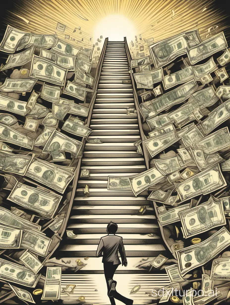 The scene shows a person walking along a path or staircase that leads upward, symbolizing progress toward financial goals. Each step the person takes represents perseverance and determination in moving forward. Along the path, there are signposts or markers indicating milestones or achievements reached along the way. In the background, there are images or symbols representing financial success, such as dollar signs, growth charts, or a bank vault, inspiring the person to keep striving for their goals. The person’s posture and expression convey determination and focus as they continue their journey.