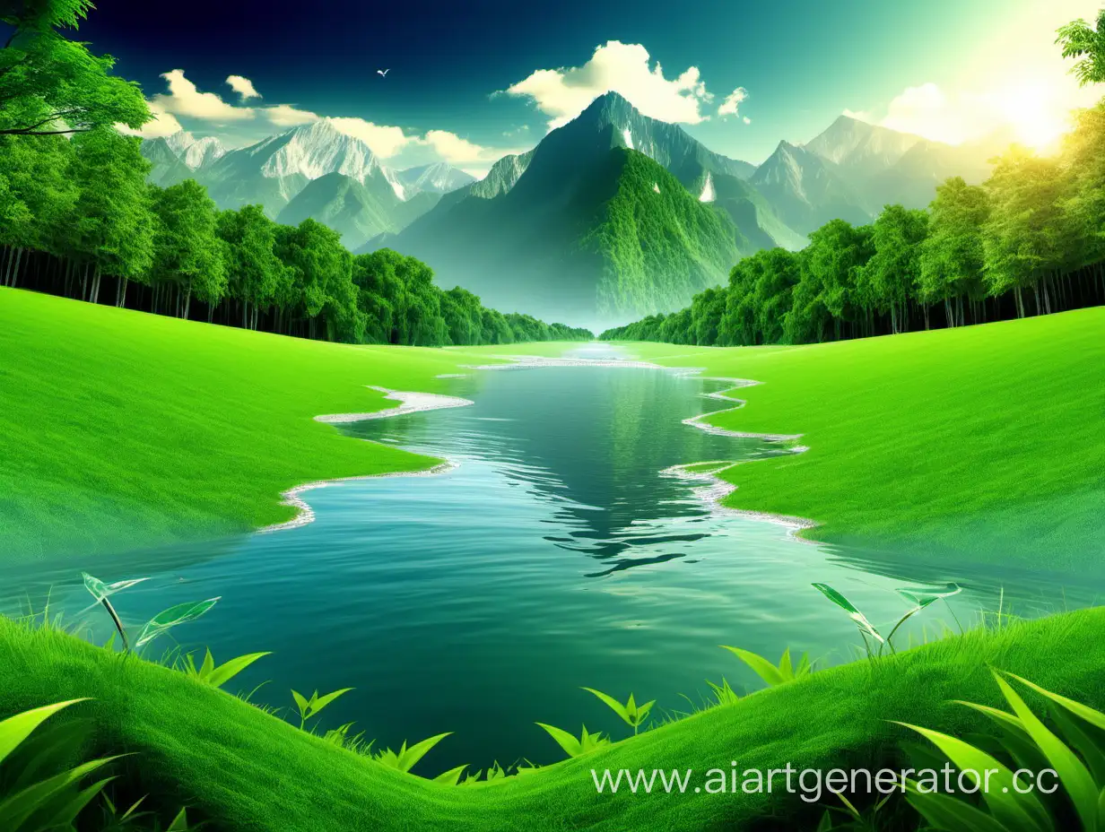 Картинка для заставки на рабочий стол. На картинке присутствует природа, вода, горы, зелень и другие компоненты окружающей среды. Картинка на тему экологичности.