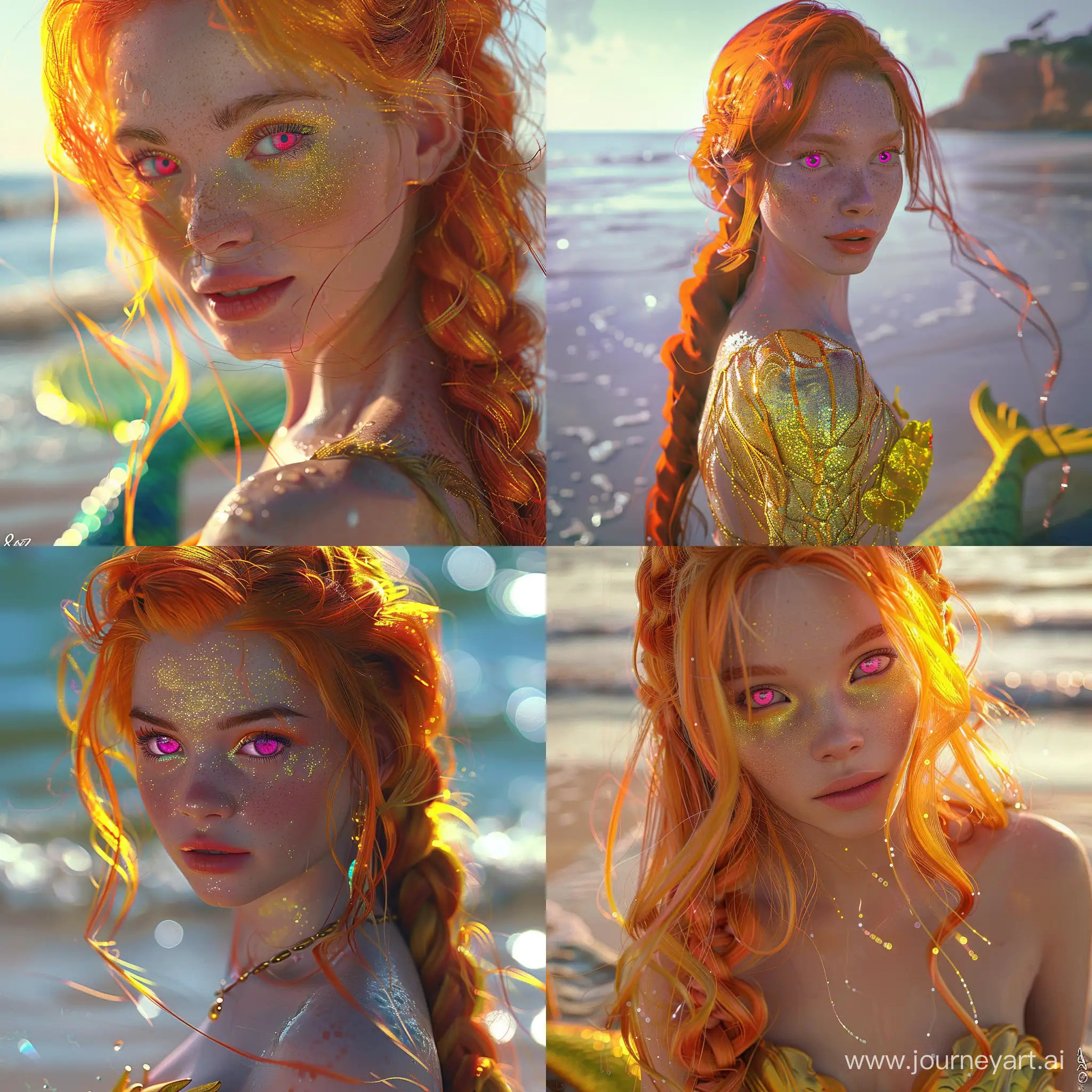 Solitary-Caucasian-Woman-with-Orange-Hair-and-Pink-Eyes-Mermaid-at-Shimmering-Beach