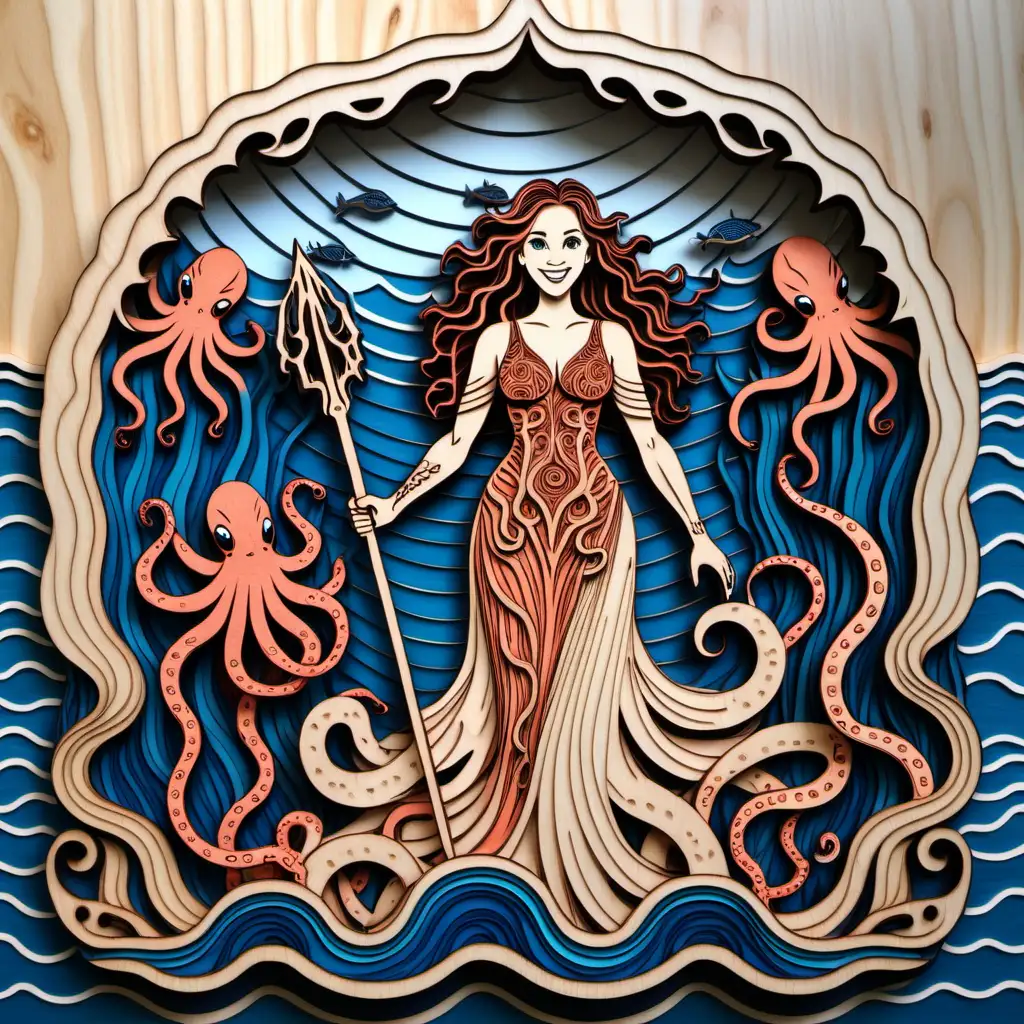 Detailed Multilayered wood laser cut, Full body beautiful Smiling woman poseiden holding a trident in one hand and a lightening bolt in the other hand with dark blue eyes wrapped in an octopus dressednin flowing clothes with long curly hair on the ocean floor of coral, wood grain cut, multilayered cut, symmetrical, paper cut, ships in background, sea creatures floating, very detailed