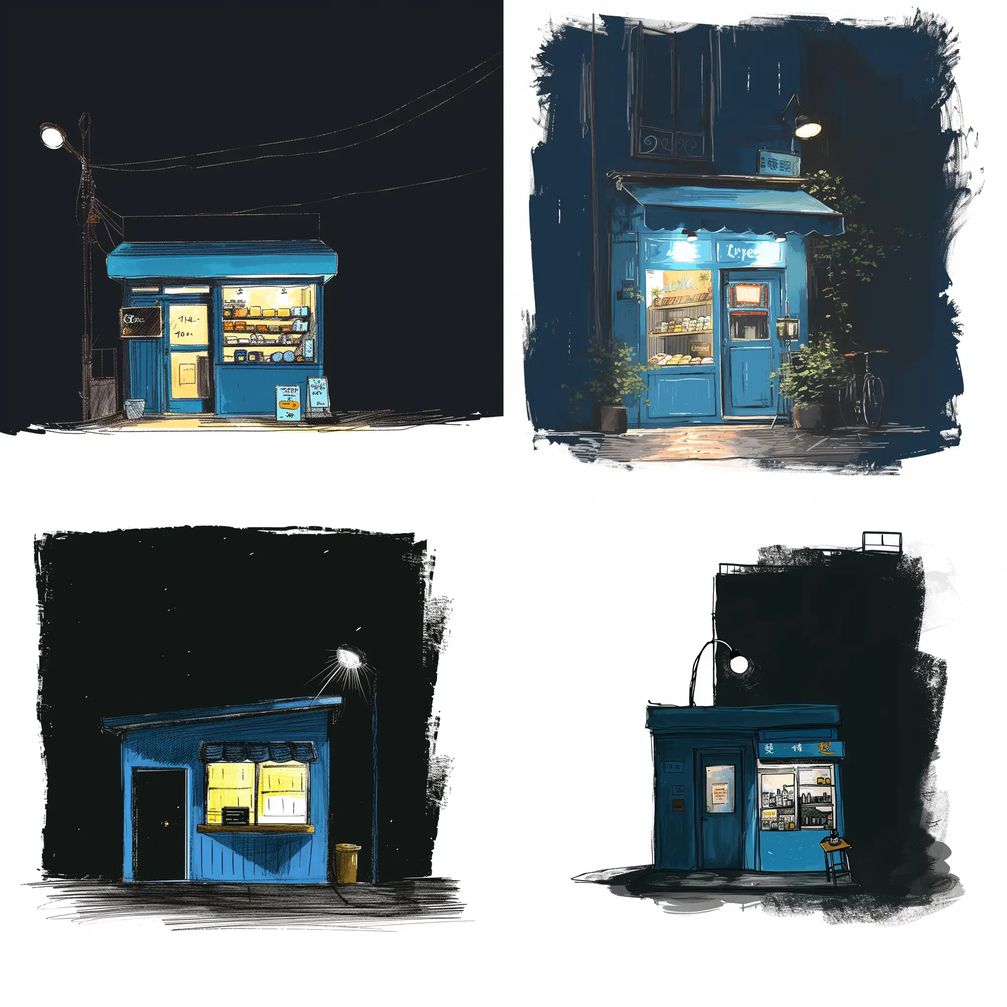 Charming-Blue-Store-Illuminated-in-the-Night-Vector-Sketch-Drawing