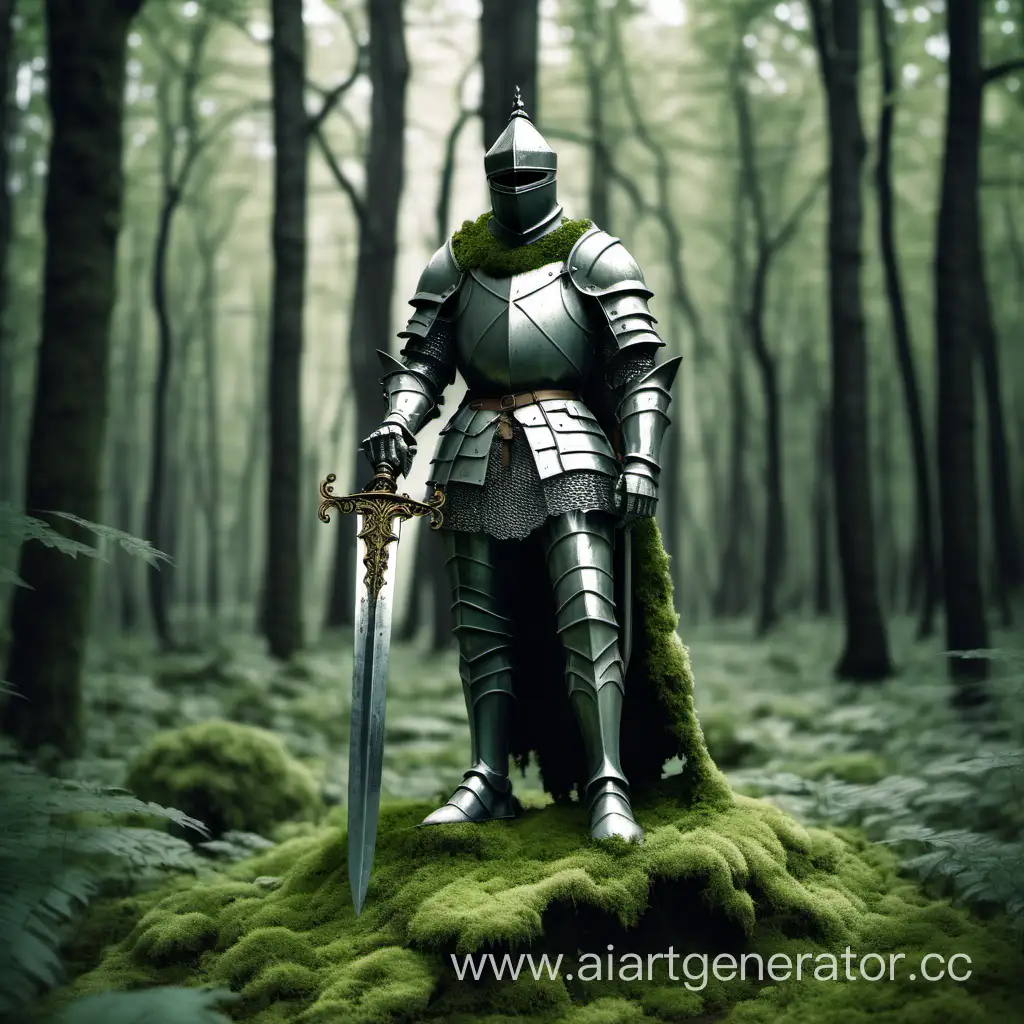 Рыцарь держит меч, зарос мхом, меч воткнут в землю, в лесу, статуя