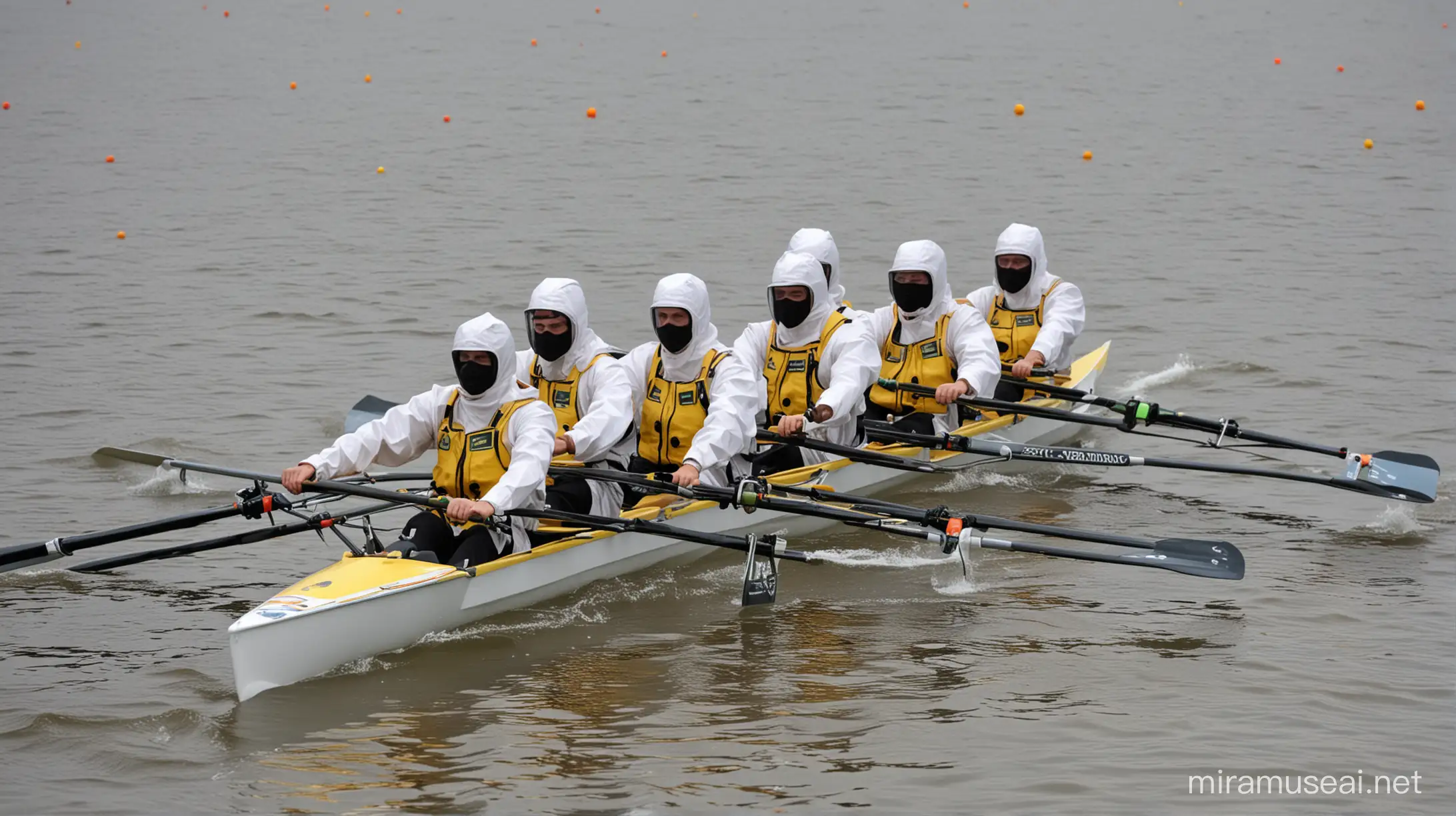 imagine a coxed 8 racing rowing boat crewed by rowers in hazmat suits