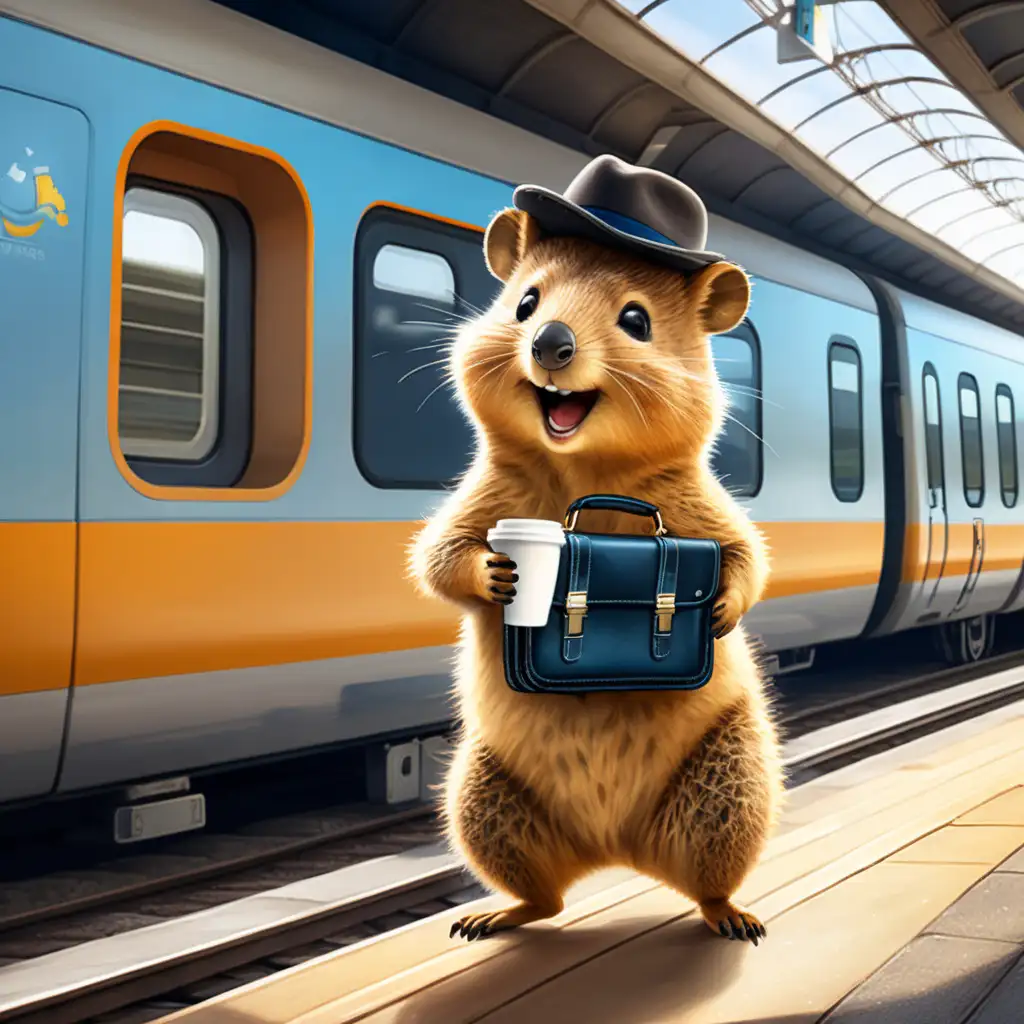very cute quokka with broad smile running along train at train station platform with a cup of coffee, a briefcase and a travelling hat