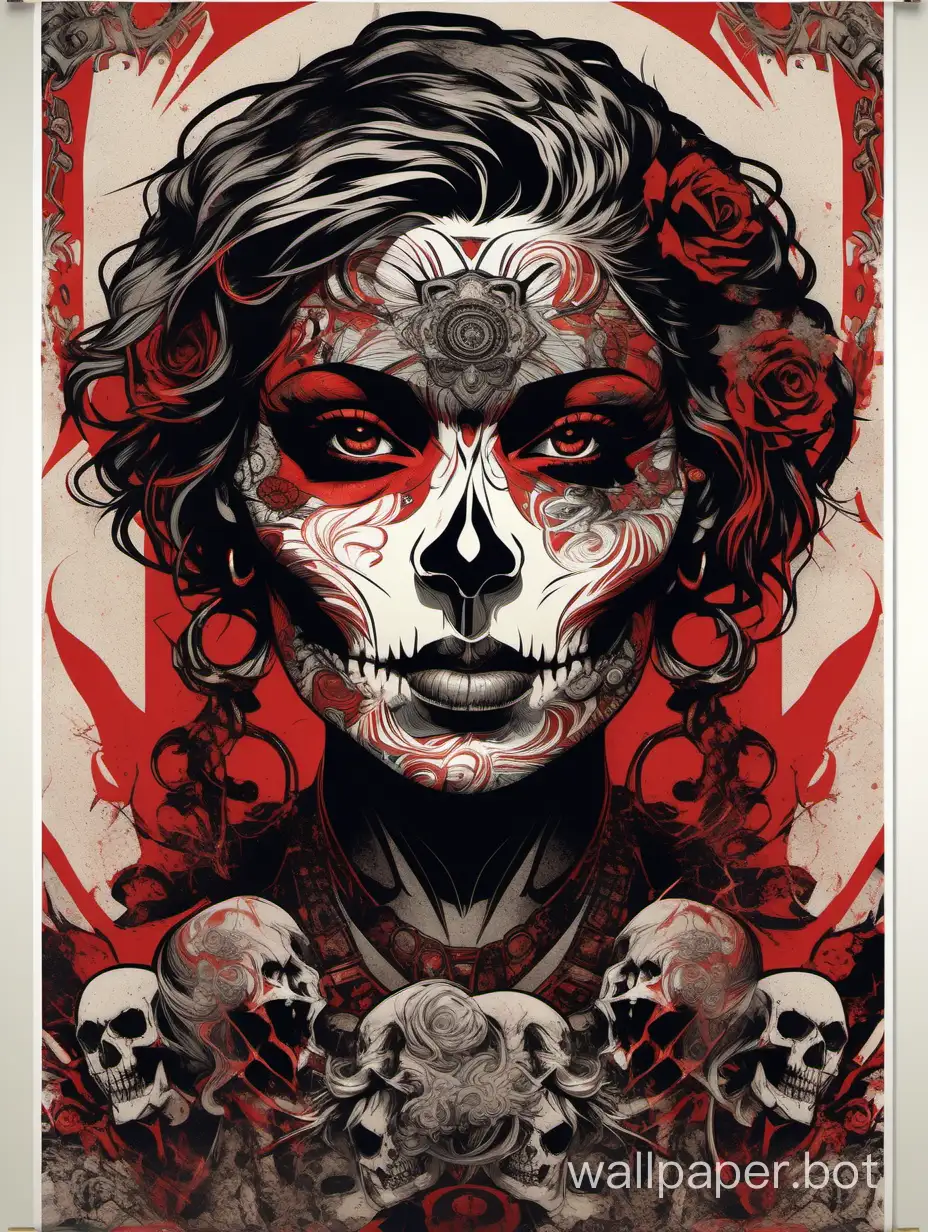skull tribal face, odalisque, sexy smiling, chaos ornamental, short hair, darkness, explosive hairstyle, asymmetrical, Japanese modern poster, torn poster edge, Alphonse Mucha hyperdetailed, high-contrast, black, white, red, gray, dramatic tones, explosive dripping colors,