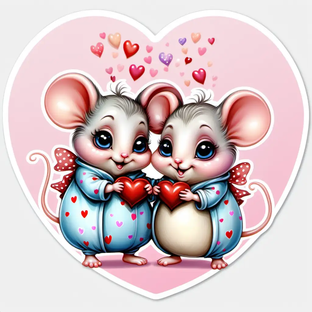 fairytale,whimsical,cartoon, pastel chubby baby mouse couple, dressed up,big eyes, white background, with valentine hearts around, sticker, very colorful