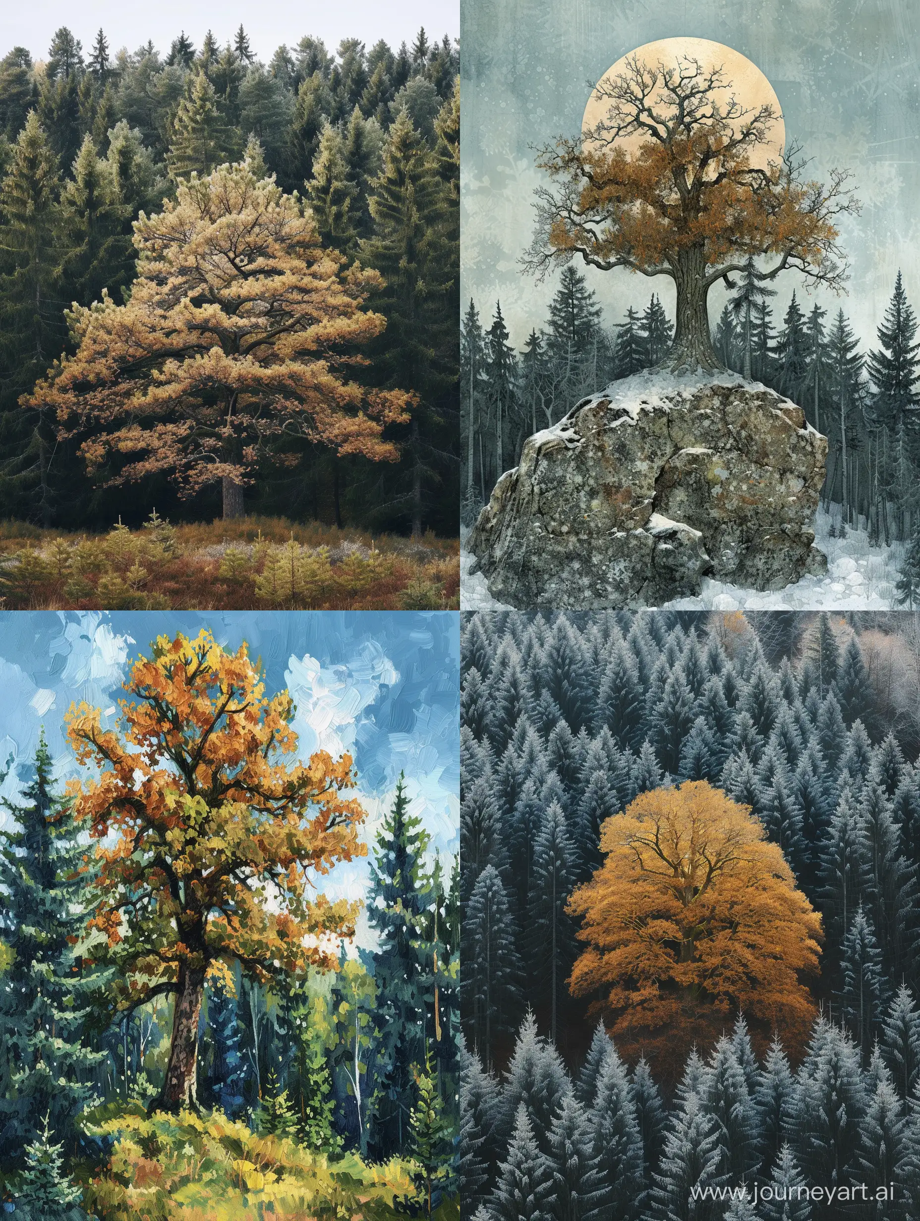 Majestic-Oak-Towering-Over-Spruce-Forest-Landscape