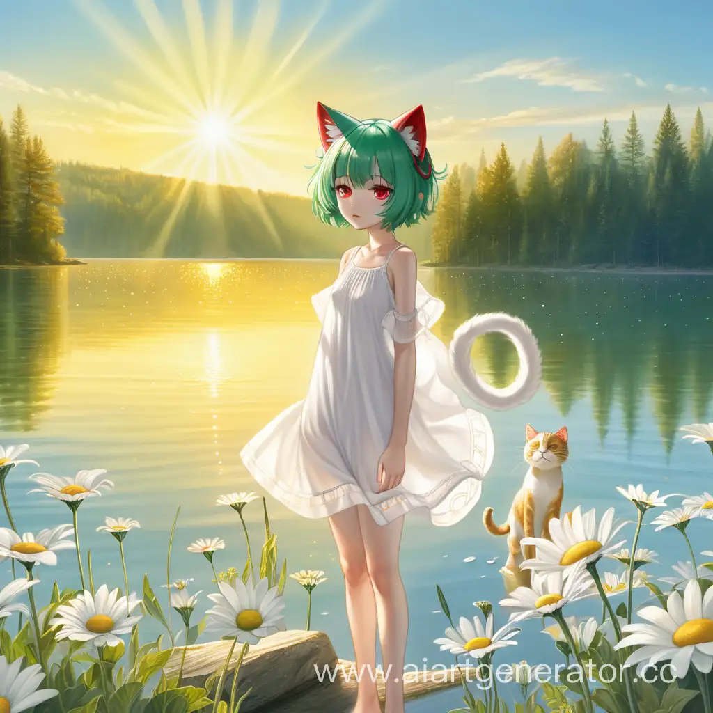 Девушка с зелыными короткими волосами, красныии глазами, у нее есть кошачью ушки и хвост, одета она в белое свободное платье, стоит на перегу озера днем ярко светит солнце в руках она держит 10 ромашек