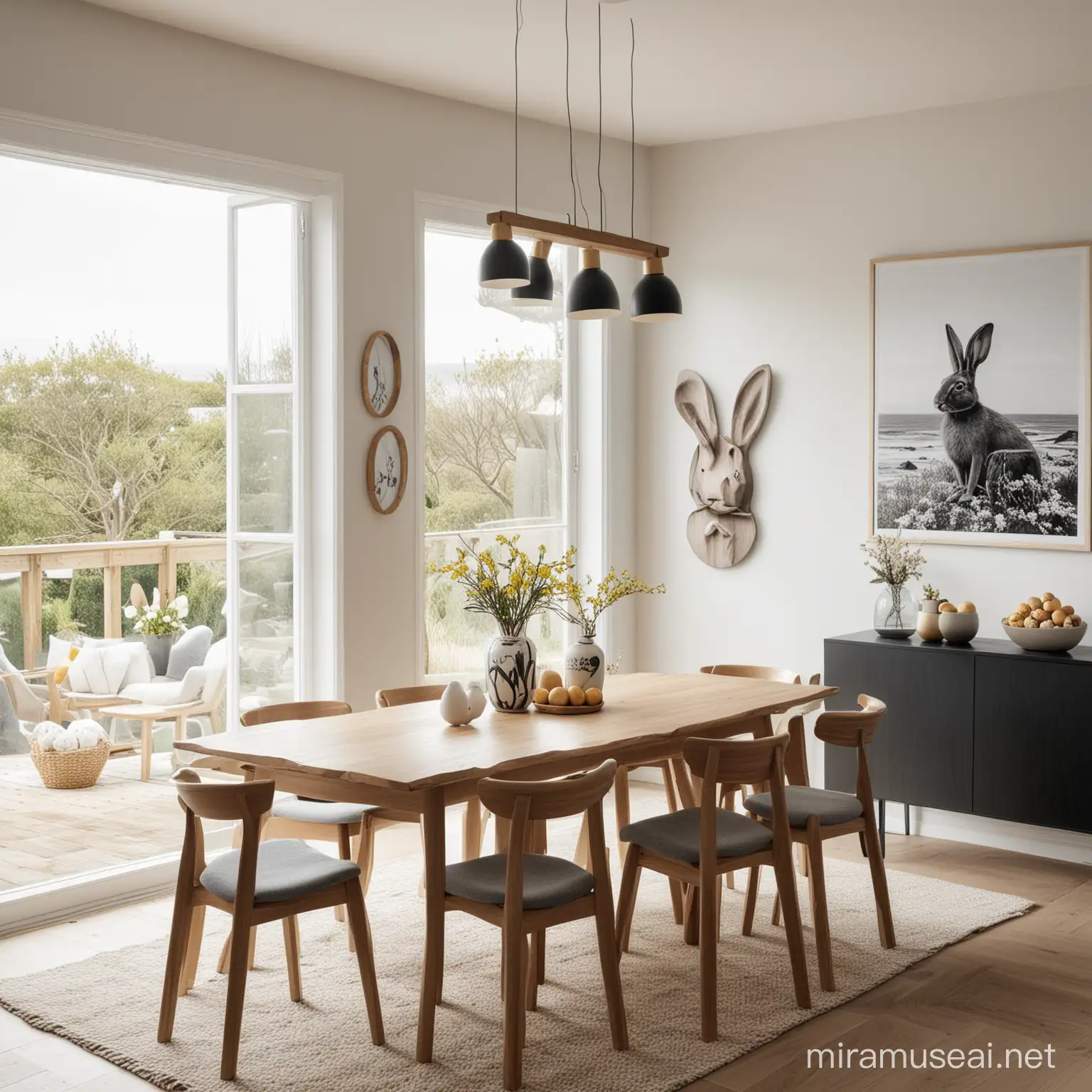 Contemporary Scandinavian Interior Dining Room with large 10 seater wooden table and chairs, beautiful table setting with feature vase in middle with Easter decorations hanging off it. Modern lady black and white print on wall. Easter Decorations, with golden eggs and bunnies. Large Window looking out to the beach with lots of natural light.