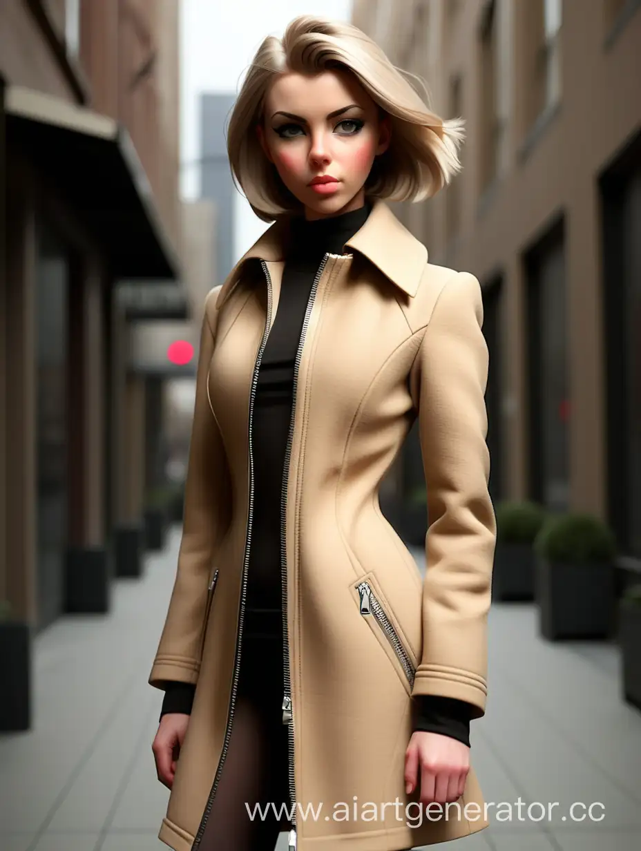 Stylish-Young-Woman-in-Zipped-Beige-Coat-with-Sharp-Shoulders