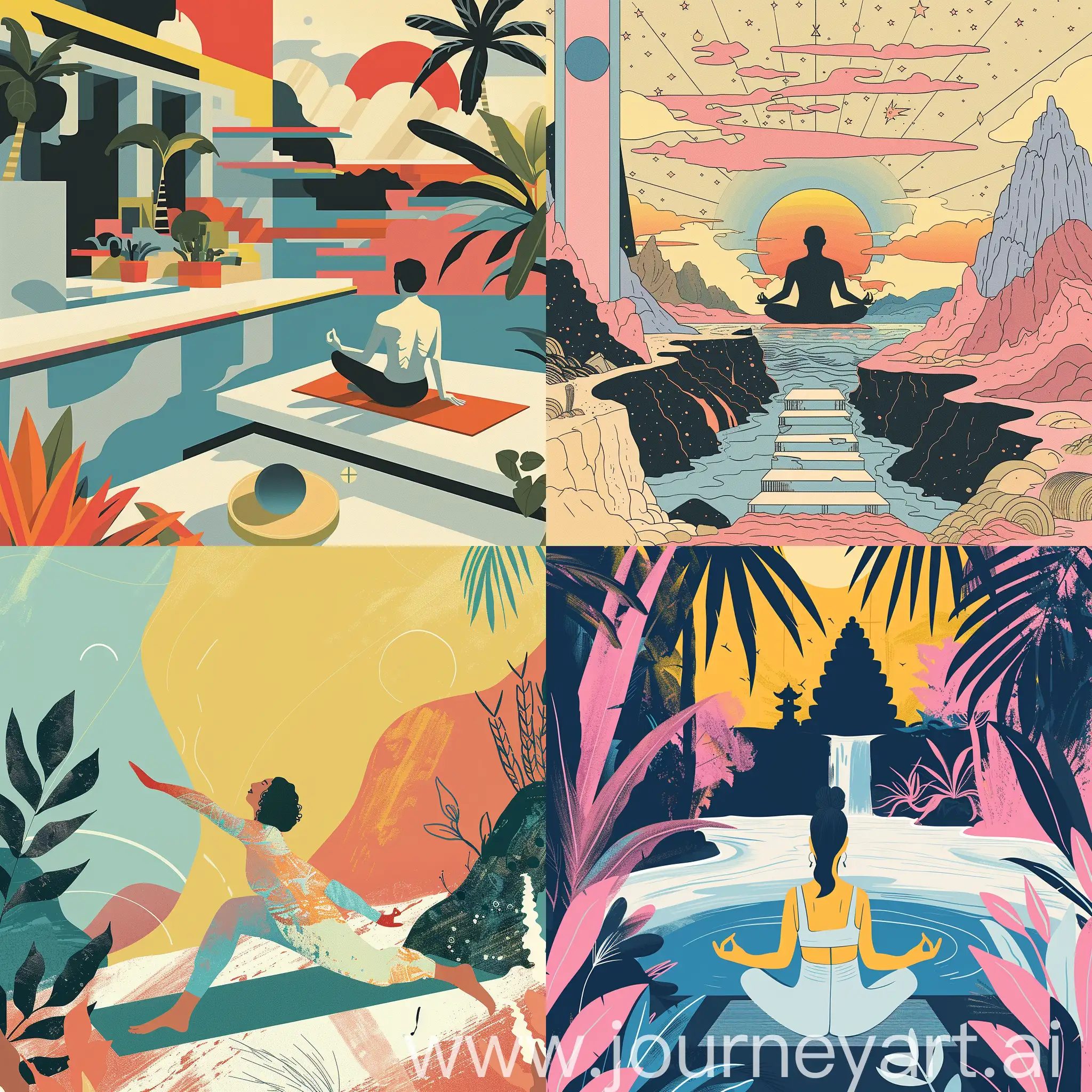Create an illustration inspired by Richard McGuire design and Wes Anderson colors that convey in a cool, modern, and unexpected way, without any text in the visual, this prediction: Today's intensity is fueling your urge to change the world. Don't let it frustrate you - instead, dive into calming activities like yoga or swimming. They'll give you the peace and clarity to make a real difference, high quality details