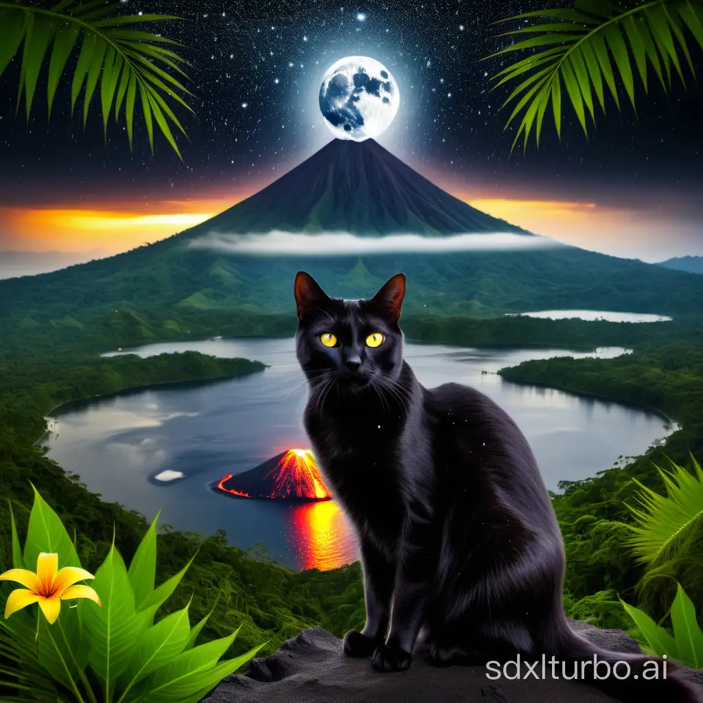 black cat yeloow eye in the 
rain forest background volcano with lake  sky stars wiht moon