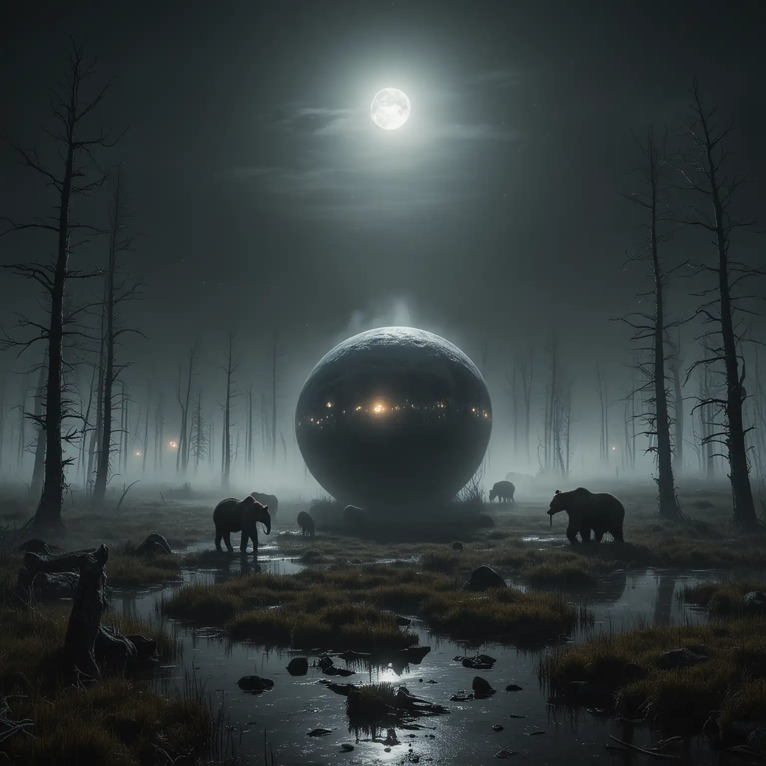 kuliste ufo w mrocznym, straszliwe bagna, noc, księżyc, mgła, dym, mamuty, niedźwiedzie, wilki, łosie
