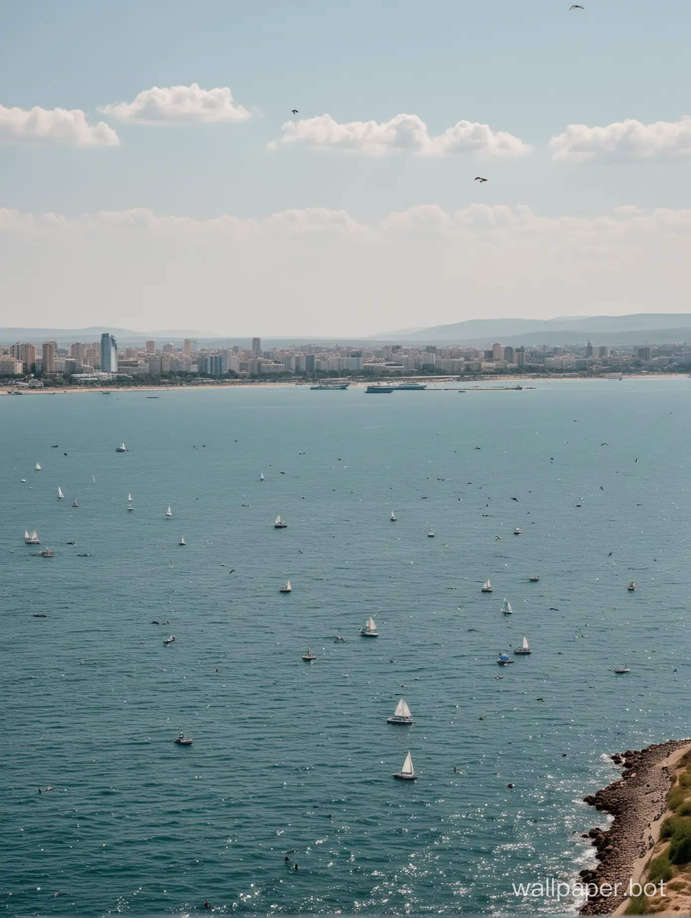 Вид на город вдалеке на фоне моря, Крым, лето, люди, птицы, яхта