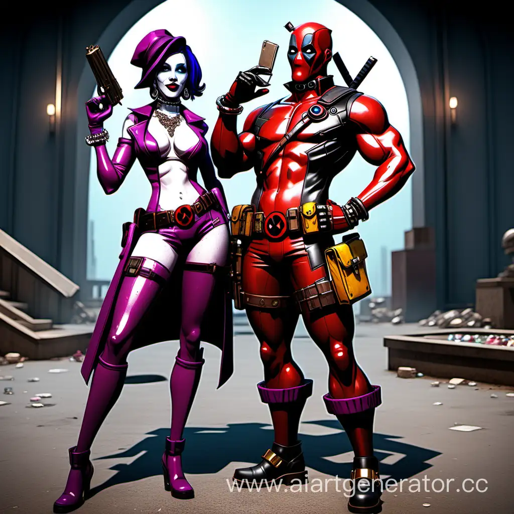 Deadpool and Moxxi from borderlands. full body photo, extremely weathy, Exuding unparalleled opulence and extravagance. They should radiate a 'gangsta' aura, sporting dazzling diamond grills for their teeth, large Cuban link diamond chain around his neck, expensive diamond bracelet on her wrist, large diamond earrings, deep color, fantastical, intricate detail, splash screen, complementary colors, fantasy concept art, 8k resolution, Unreal Engine 5