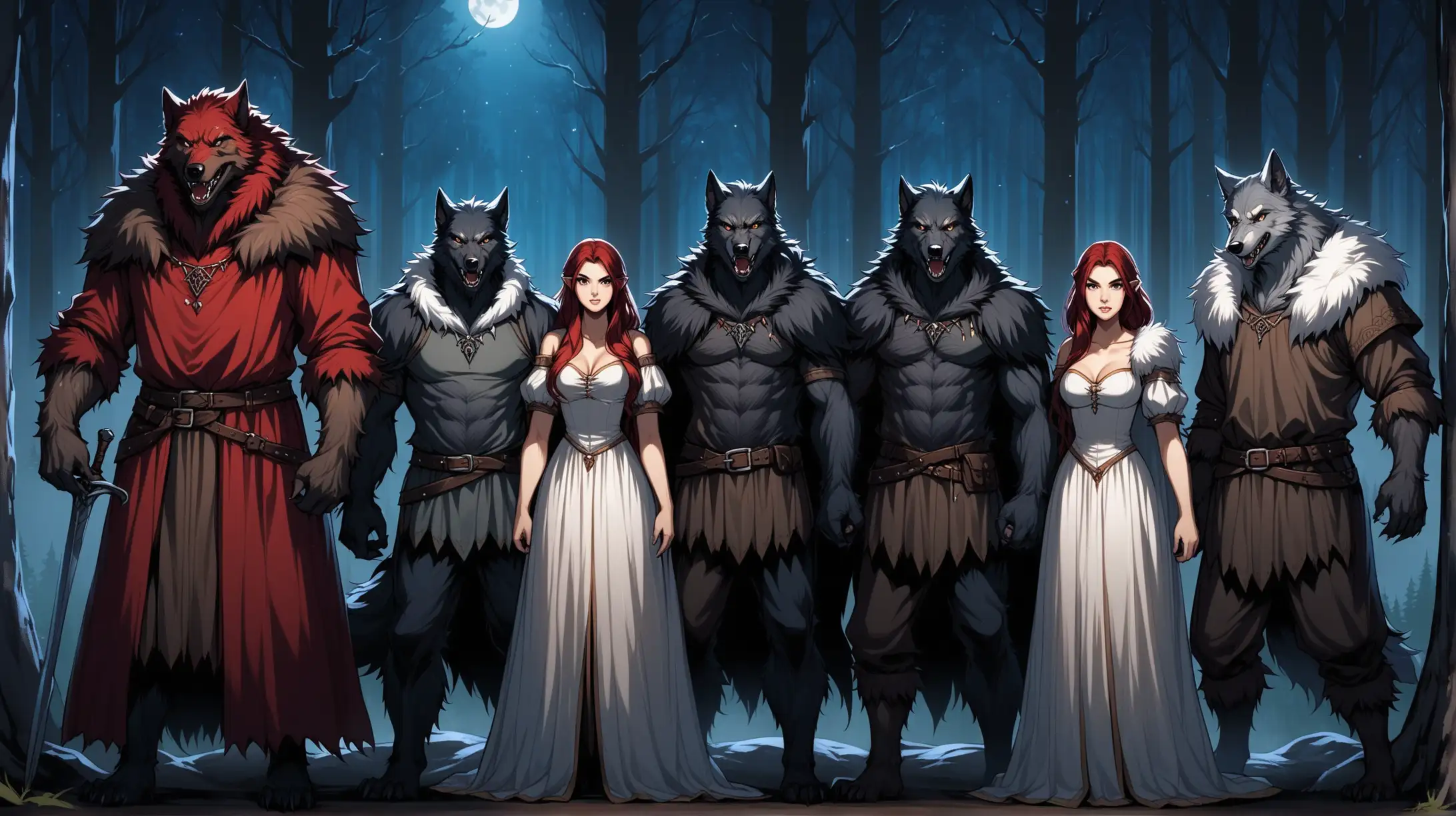 Medieval Fantasy Werewolf Pack Roaming European Forest at Night