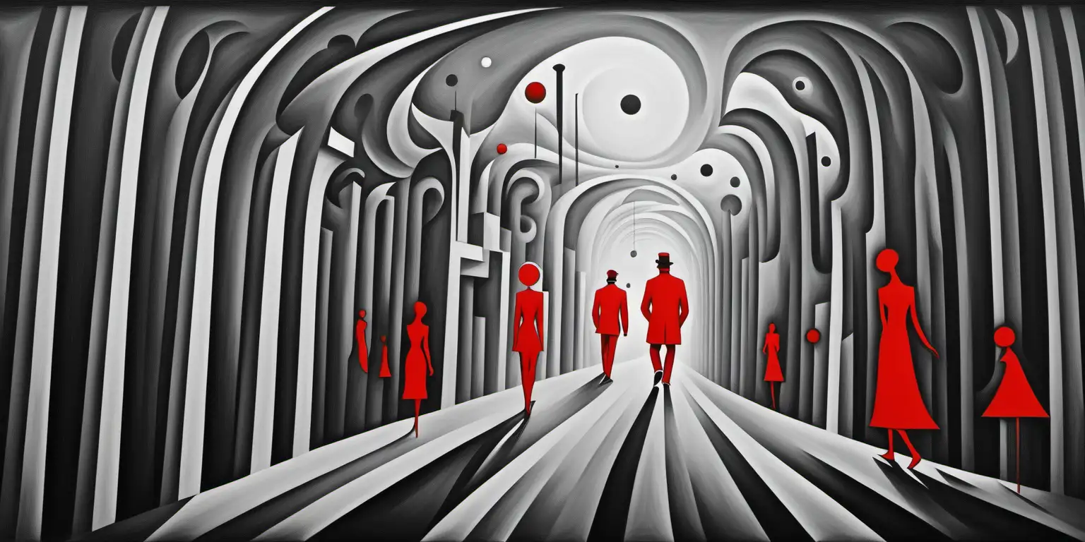 picture, architectural, color black and white, utopia,  wonderland, men in black is walking to unknown, women in red is watchin him, men is mason, vasiliy Kandinsikiy style