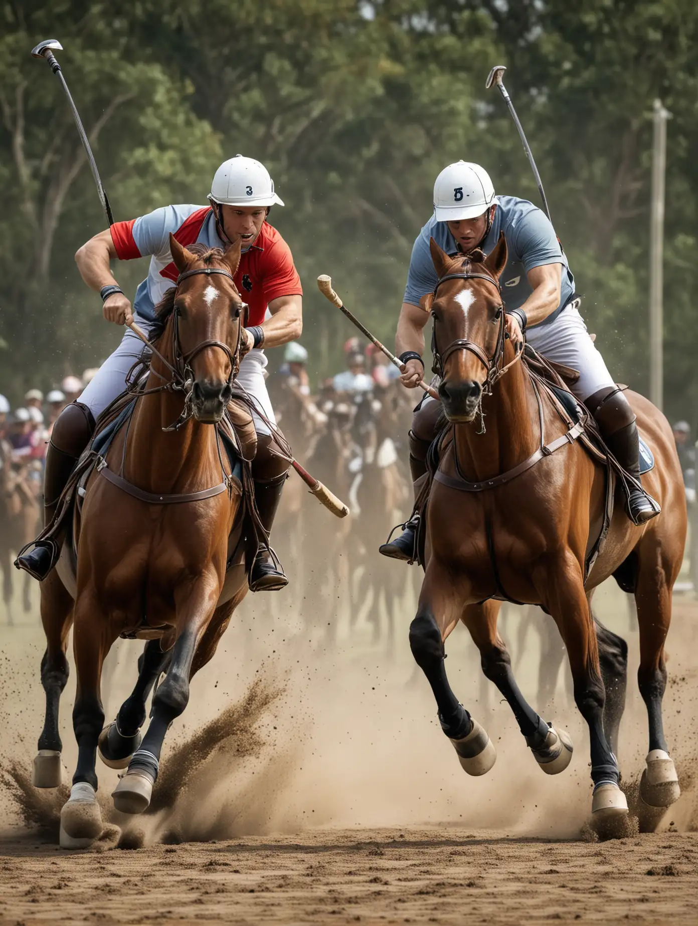 create an image of 2 polo players from the 45 degree perspective, riding alongside each other, one slightly ahead of the other, reaching out for the ball showing intensity on faces and the power of the horses.OM THE SIDEclashing along side of each other going for the ball on their horses showing the intensity on players faces and the power of the horses.