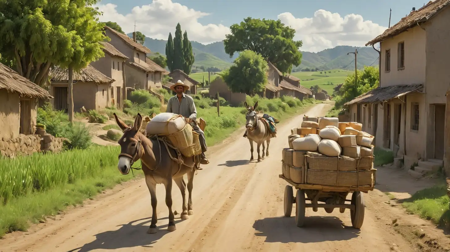 Genera una imagen de un pueblo rural con casas modestas y un hombre junto a un burro cargado con mercancías.
Crea una escena soleada donde el hombre y el burro están en un camino de tierra con campos verdes a su alrededor. negative prompt show only 4 lags, one head, one body, 2 ears and 2 eyes.