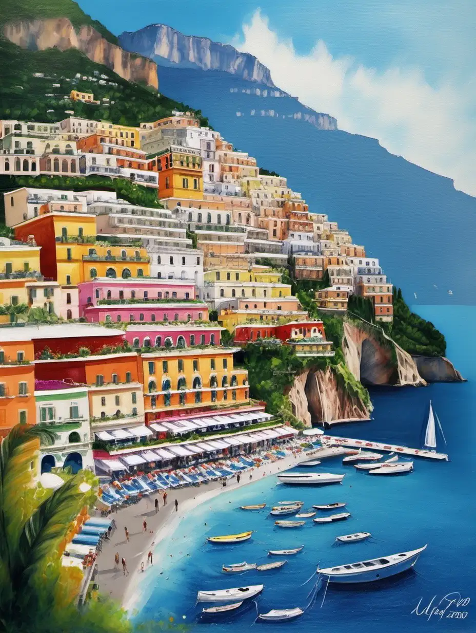 Sunset View of Positano Harbour with Traditional Buildings