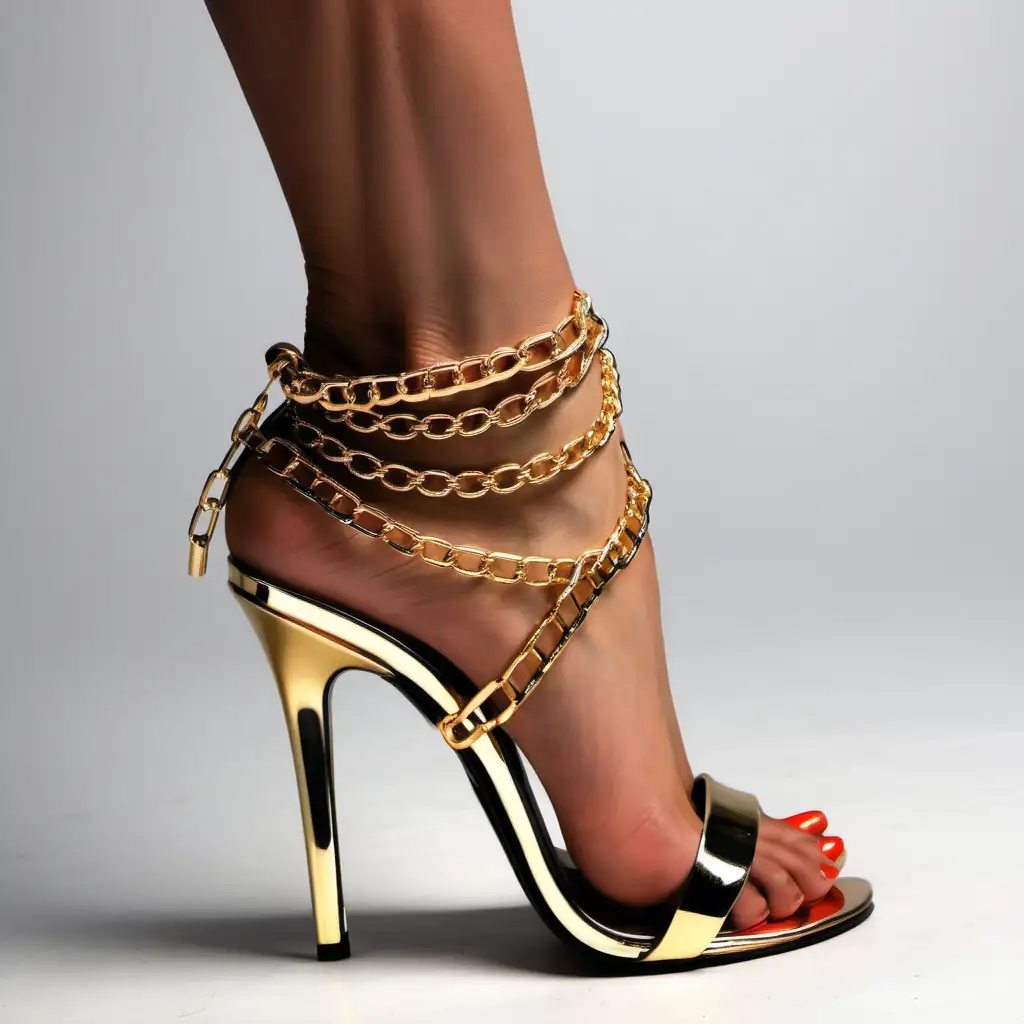 gold toe out high heels with chains around the ankle