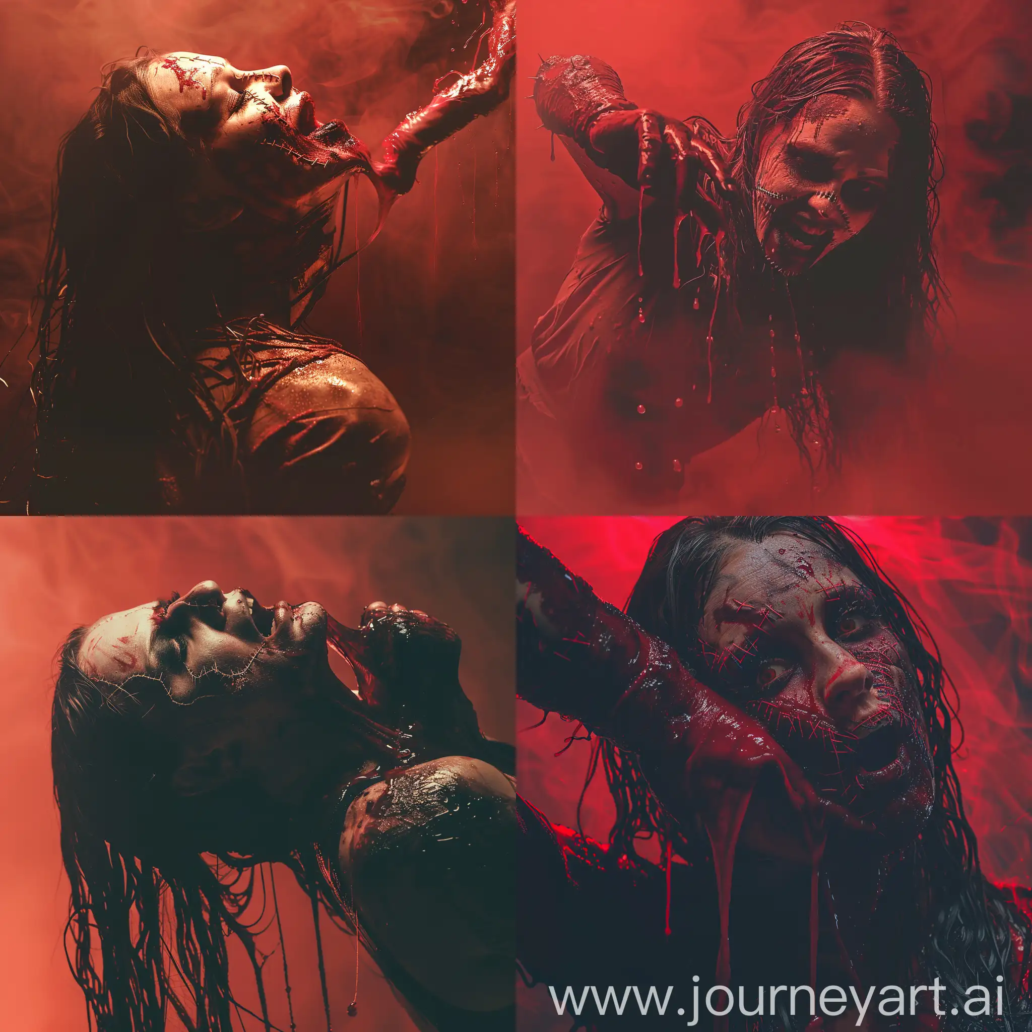 Stitched face woman, long wet hair, an arm getting out of his mouth, crimson liquid, red tone colors, fog, cinematic lighting