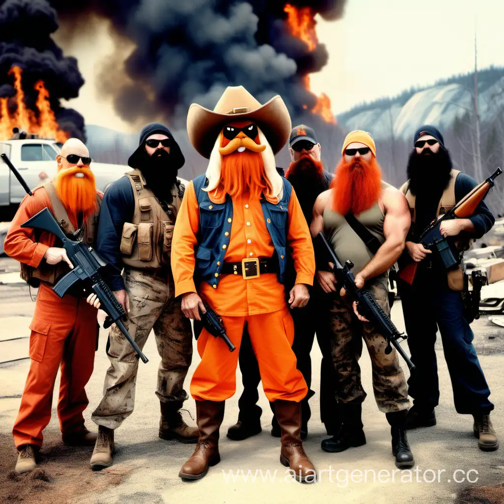 yosemite sam with orange beard dressed in yosemite sam clothing, posing with five humans with black beards, modern survivalist, dressed in camo clothing, with rifles,   after nuclear blast, everything on fire in background, color photo