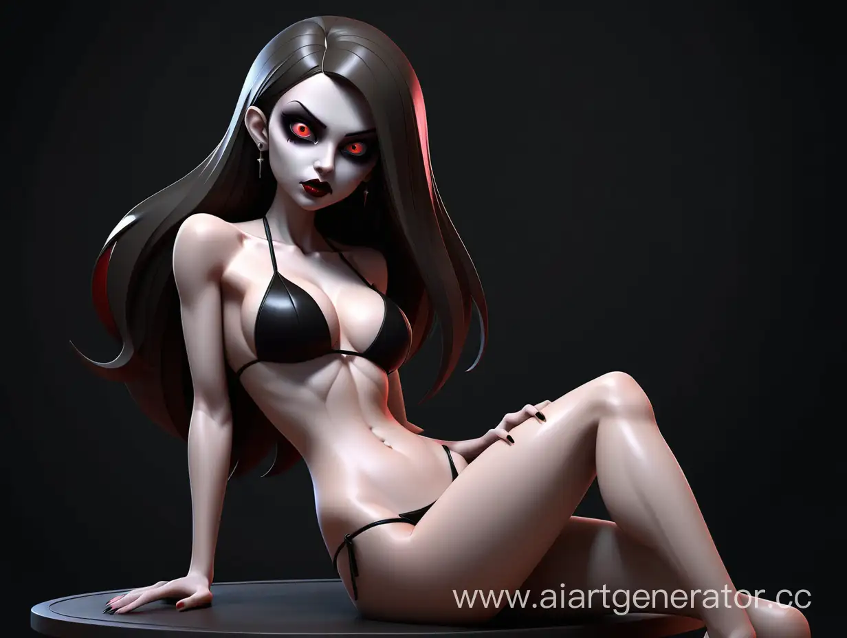 вампирша красивая AI с внешностью модели в черном бикини на темном фоне во весь рост сидя
