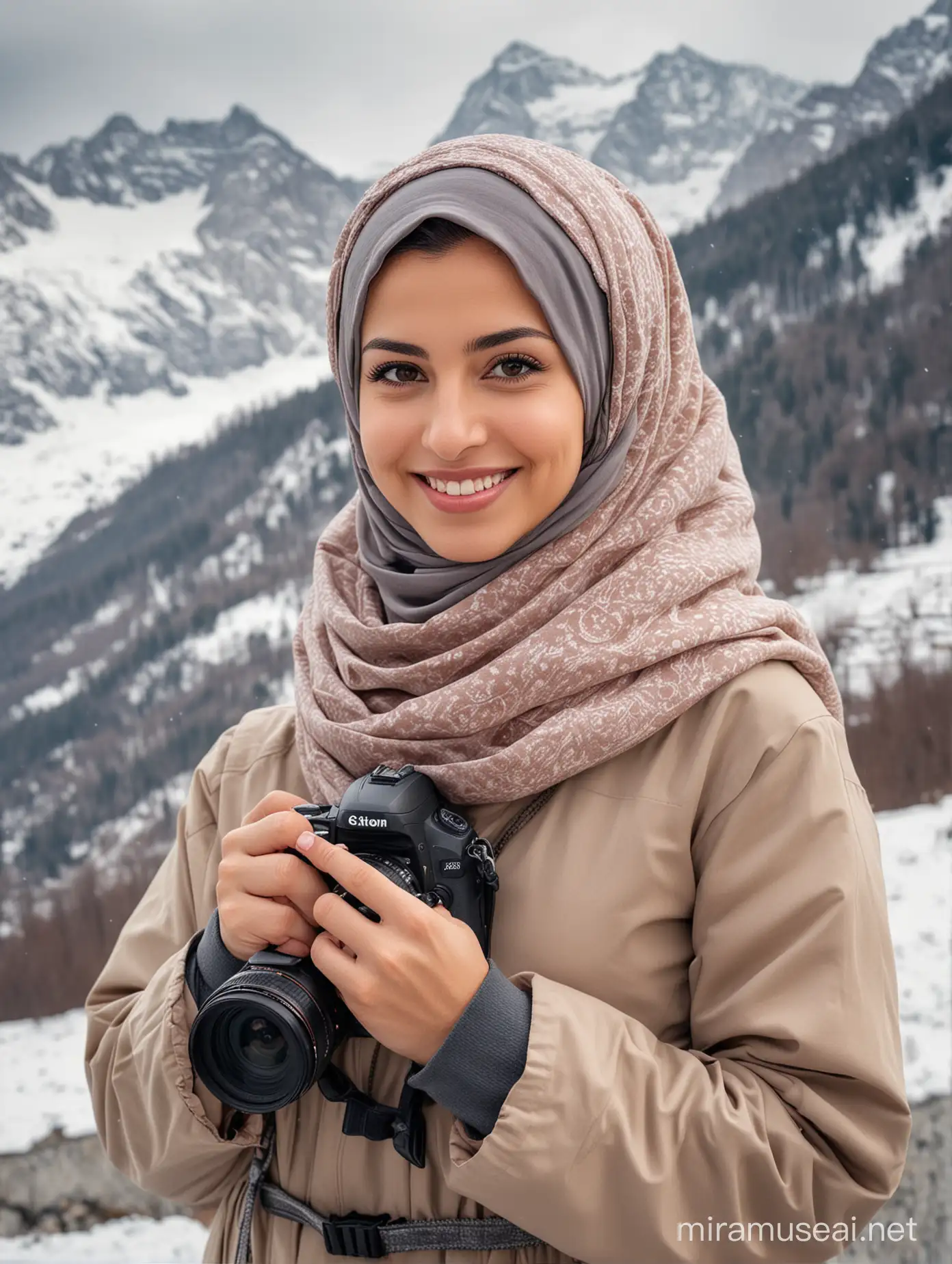 Professional photograph, beautiful woman, 26 year old, wearing jilbab, closed hijab, hair covered by hijab, smile, detailed faces, holding dslr camera, full body, wearing winter jacket and outdoor shoe, adventure, outdoor, background Swiss mountain, Titlis mountain, snow, body facing forward, UHD.