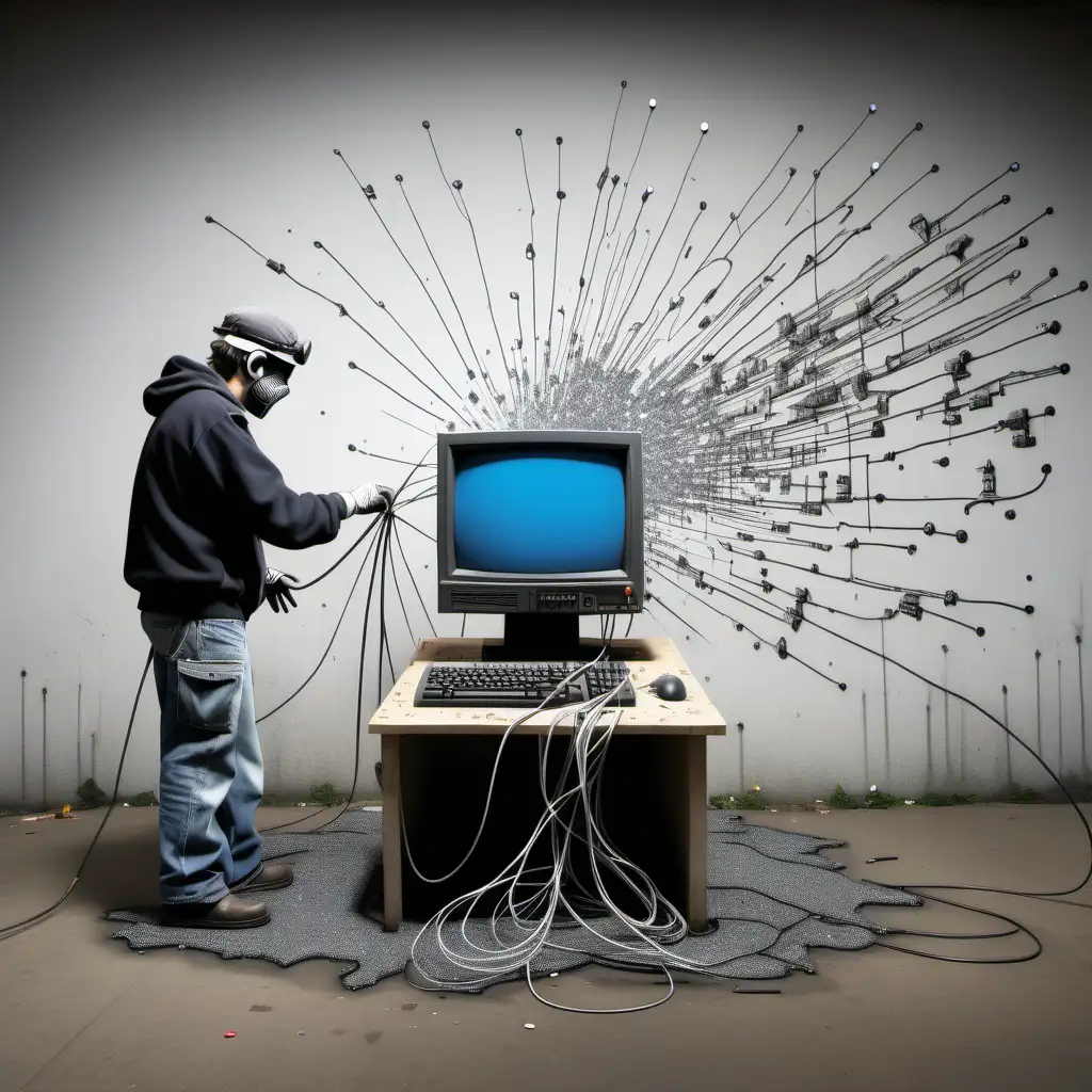 An banksy engineer creating a three dimensional virtual road with his an old computer poping wires out and sparkles from behind 