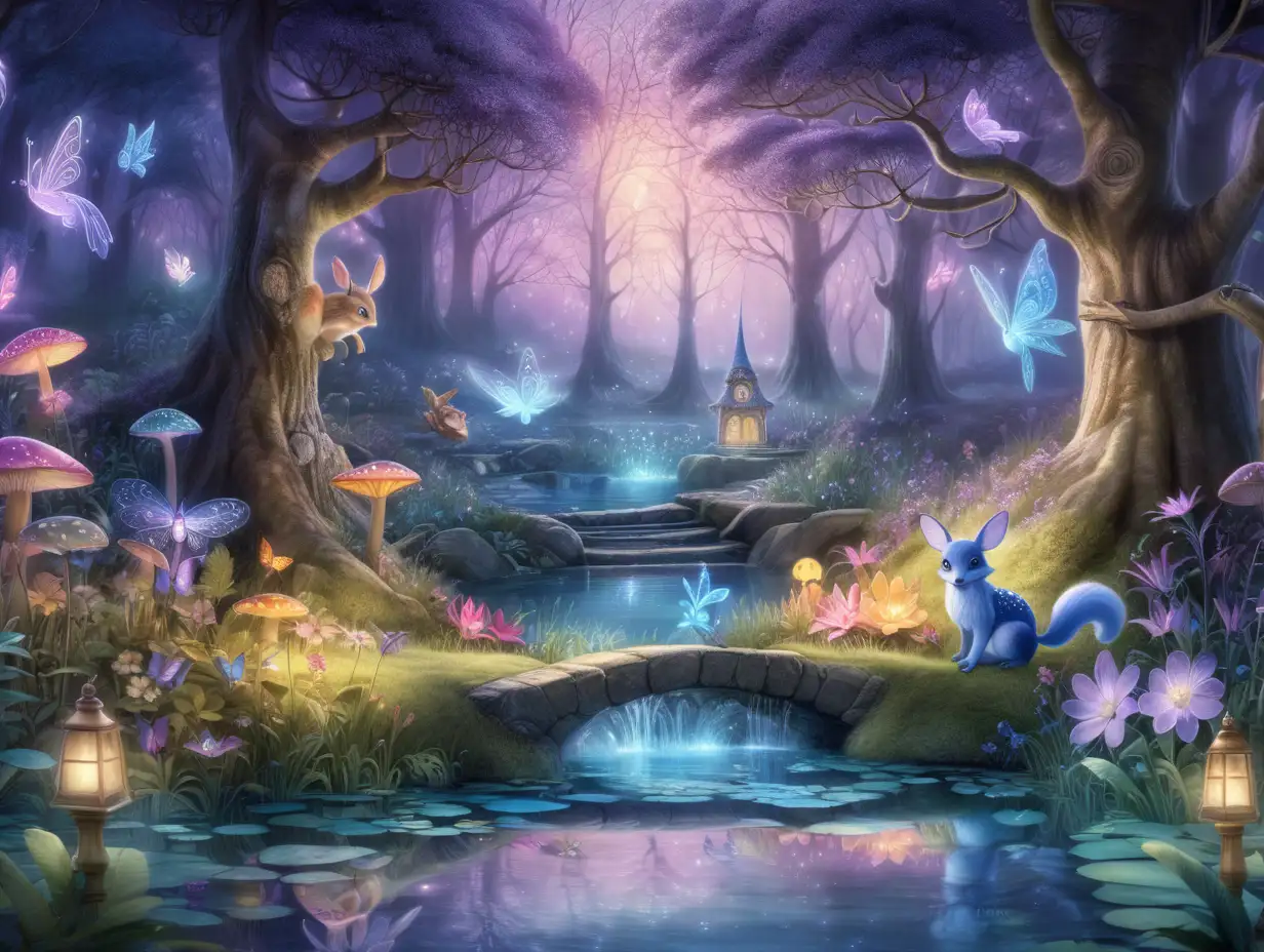 Create an image of an enchanted forest at twilight, with vibrant colors, mystical creatures, and a sense of wonder. Include elements like glowing flowers, fairies, and a serene pond.