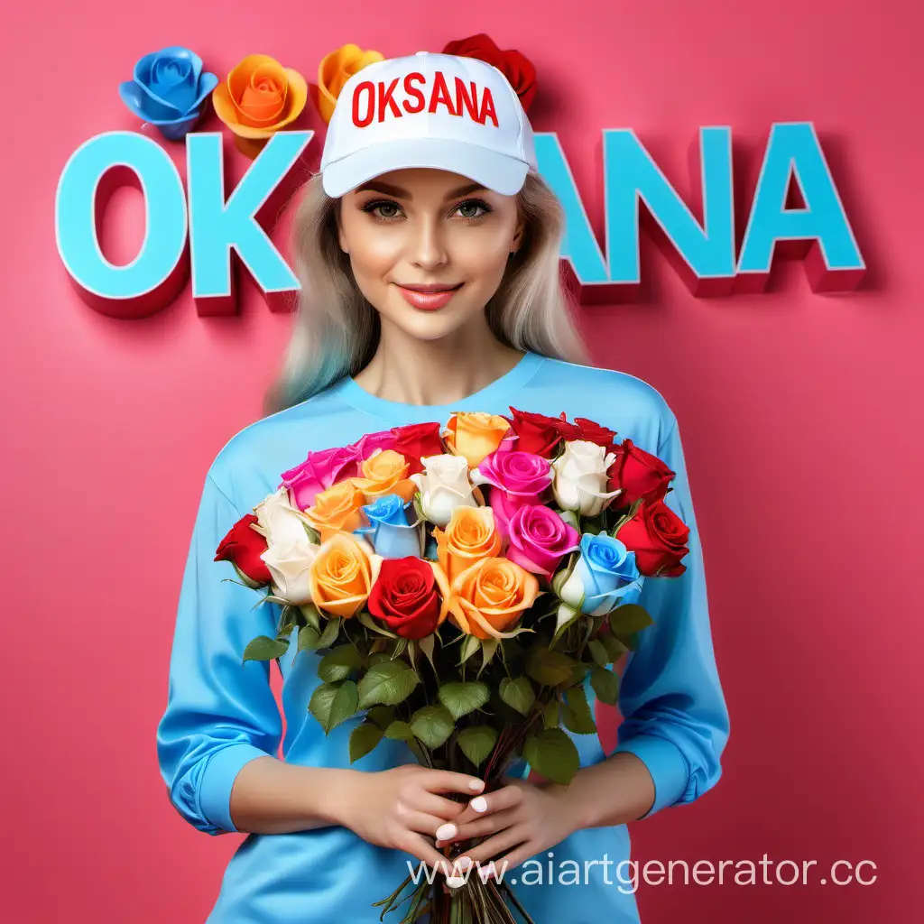  Женщина, в белой бейсболке надписью "OKSANA" и голубой блузке, держит в руке букет из ярких роз, изготовлено, фон красочный.