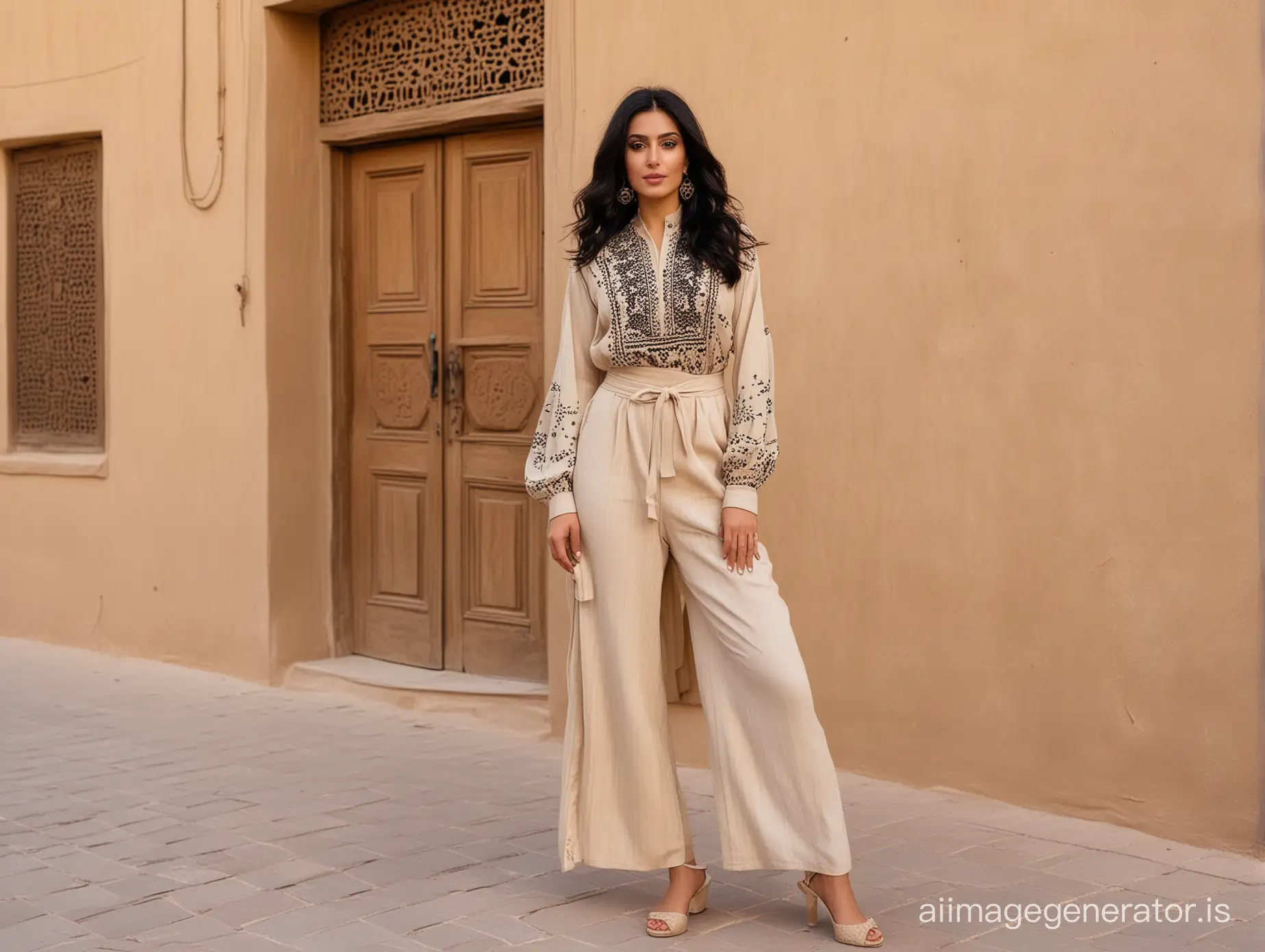 iranian woman at 30s, wearing beige monochrome , desert  pattern, black hair, full body, fashion photography at Yazd street, 2020 yea