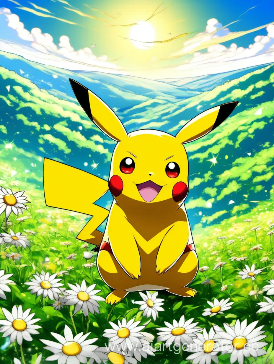 Pikachu-Relaxing-Amidst-Daisies-on-a-Serene-Green-Hill
