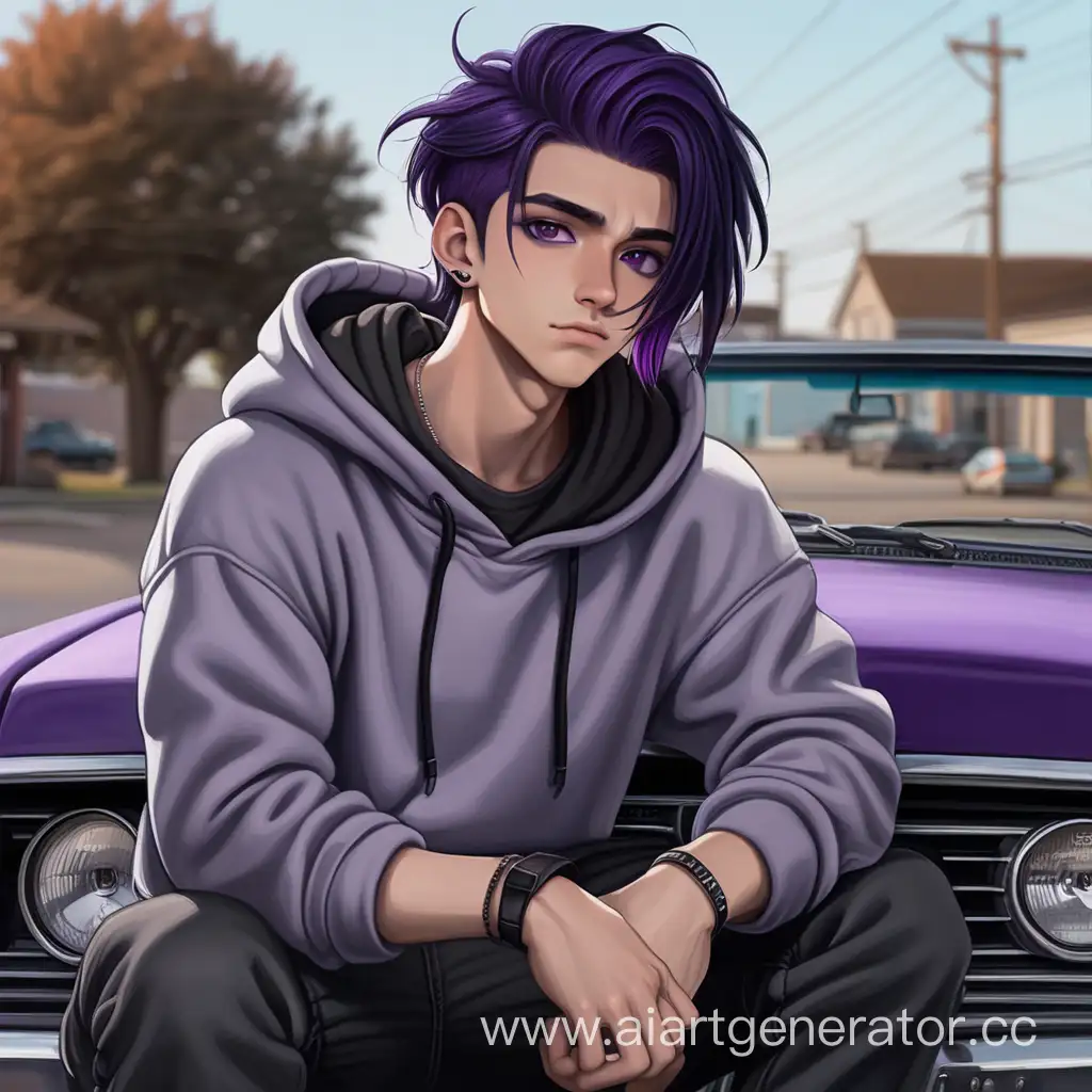 Young-Man-with-DarkPurple-Hair-in-Gray-Hoodie-Sitting-in-Vintage-Car