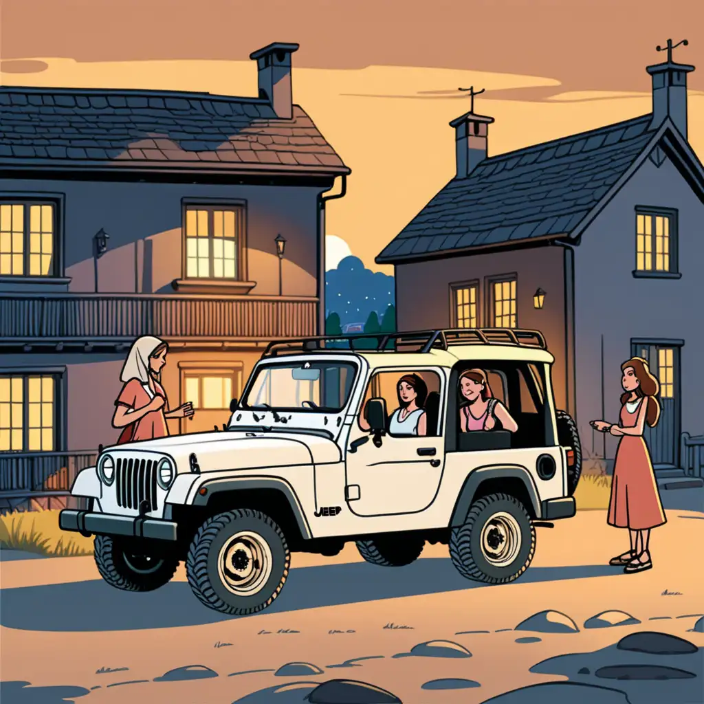 Two Women by Jeep in Evening Village Cartoon Style Scene
