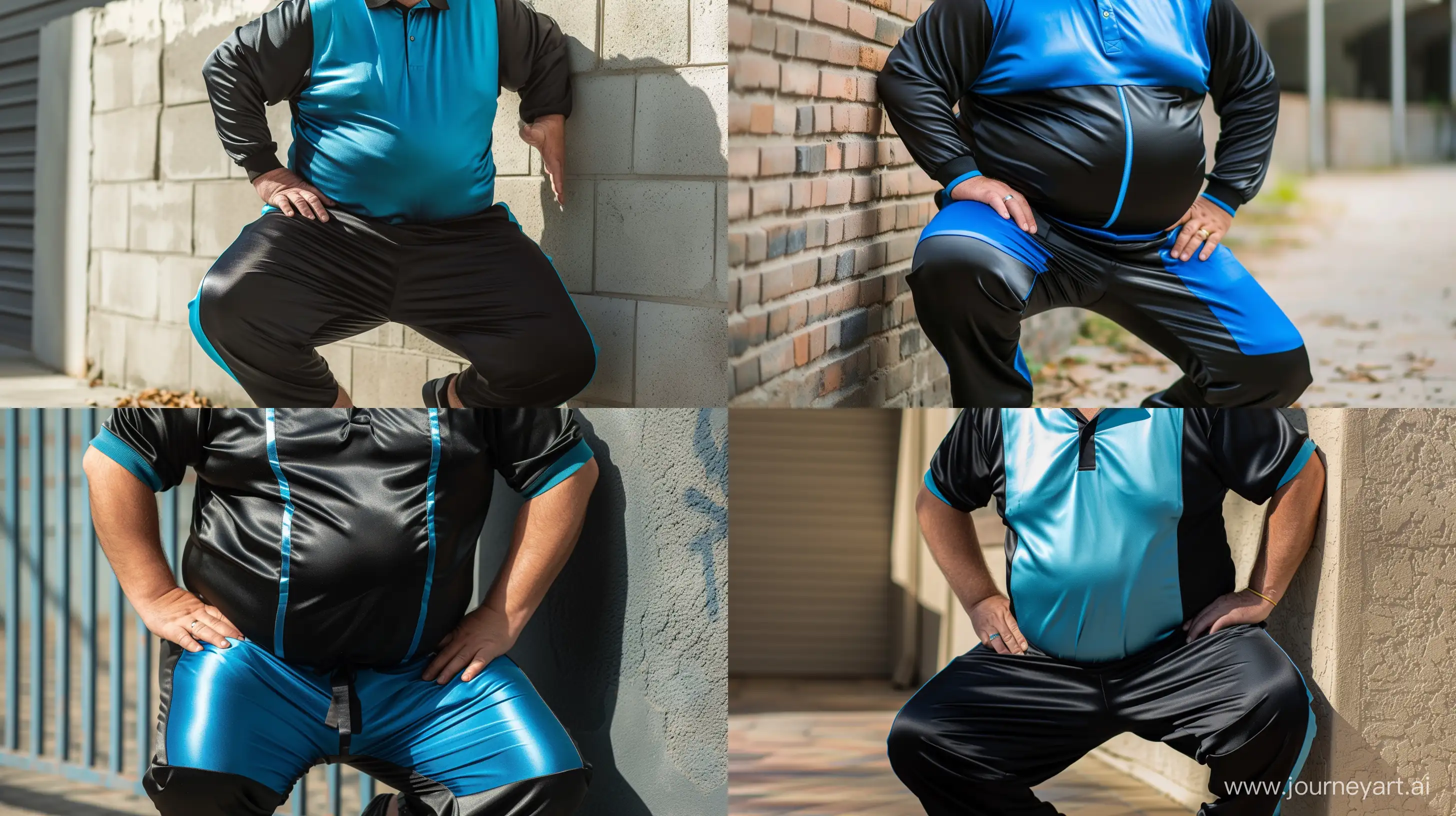 Front view close-up photo of a fat man aged 60 wearing a silk black and blue tracksuit pants and a tucked in sport silk polo shirt. Kneeling against a wall. Hands on hips. Outside. --style raw --ar 16:9