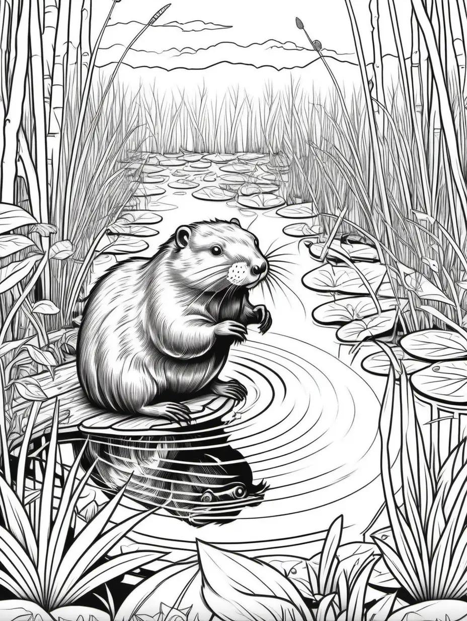 An adult coloring book of a beaver in the swamp