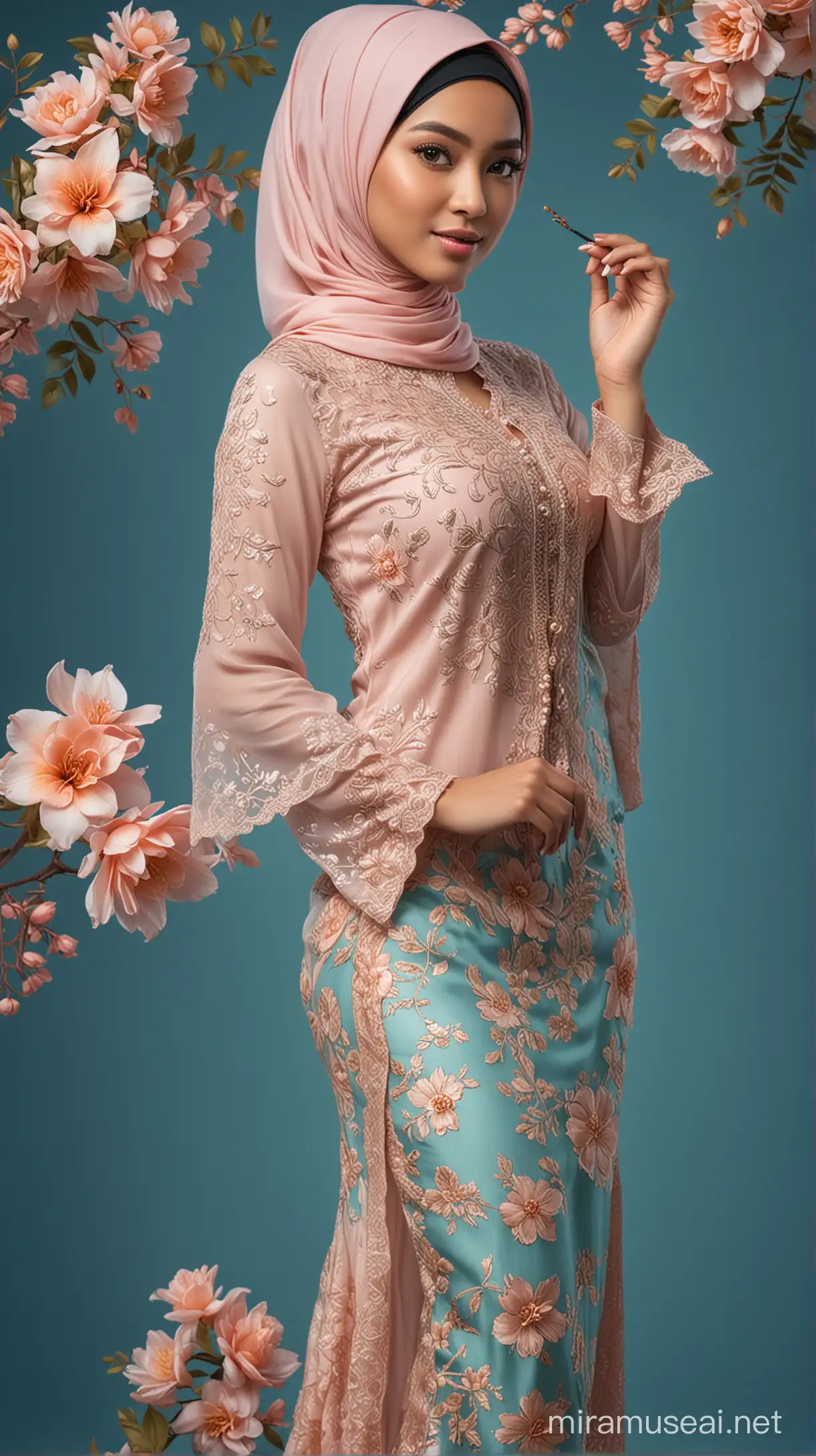 (full body shot, professional photography, blue background), sturdy and beautiful Malay lady, medium breasts, elegant, highly detailed, digital painting, art station, sharp focus, glowing eyes, wear fully hijab sea blue and peach loose kebaya, cover whole body, floral patten, wear heels, Enhance, dynamic shot