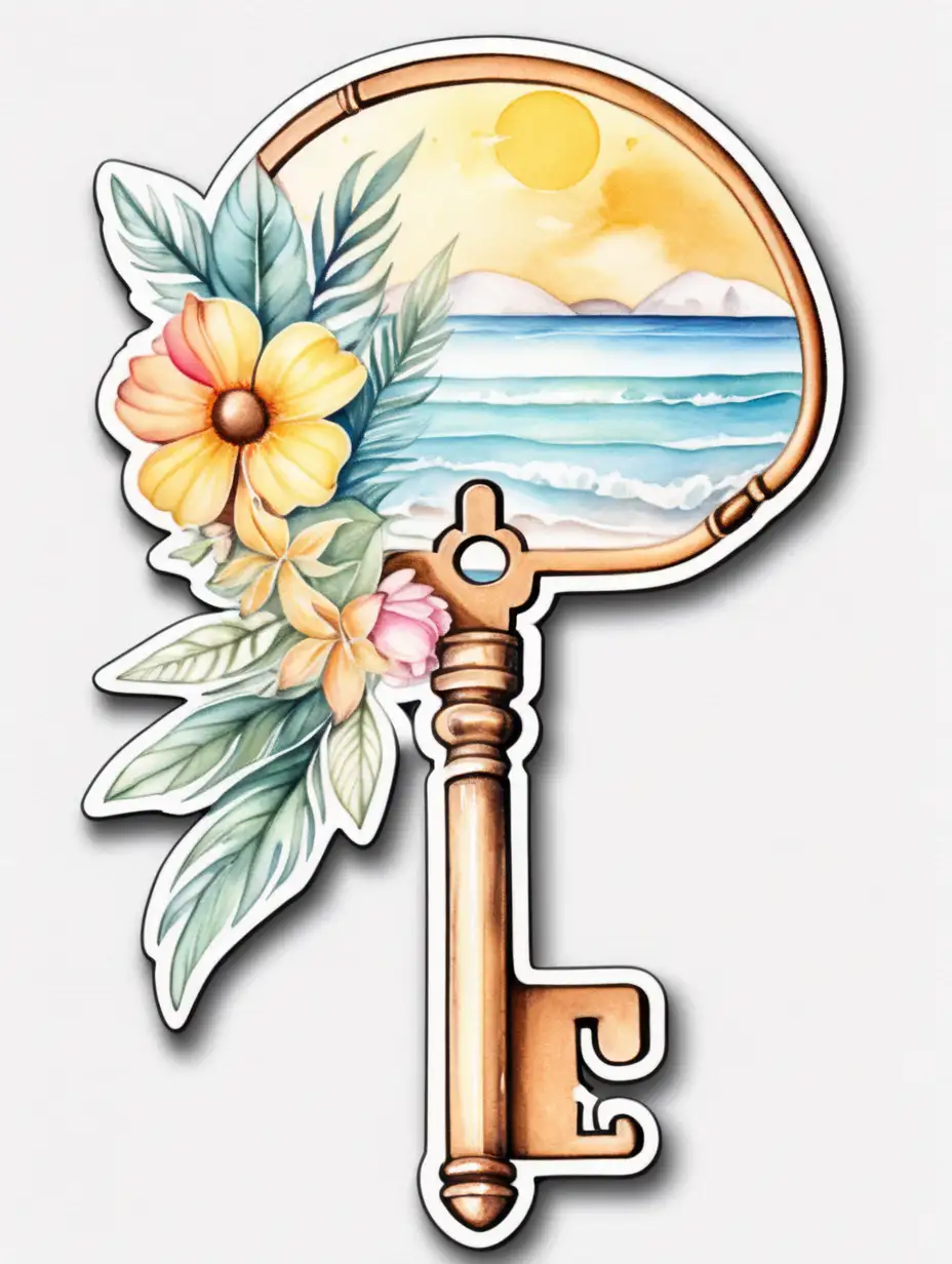 white background, samolepka, jemné obrysy, akvarel styl, klíč, výplň klíče znázorňuje symbol léto