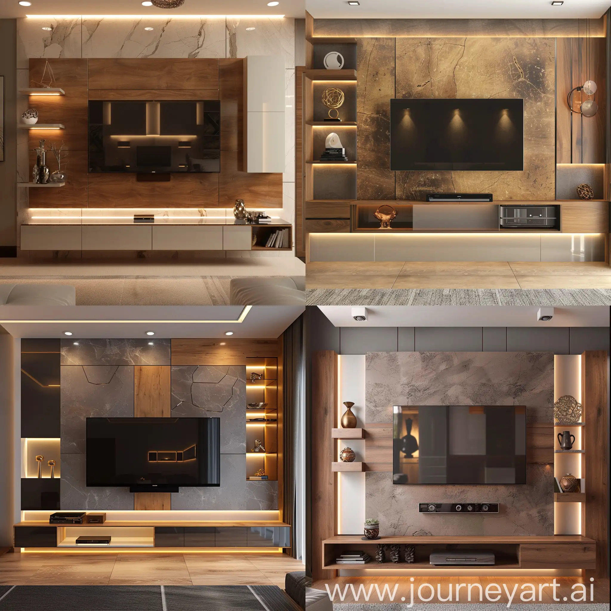 Designing a modern TV wall with thermo wood and slab stone, accompanied by a lighted liner. The television box should be suspended with a milky glass underneath, and the body should include decorative elements and shelves.