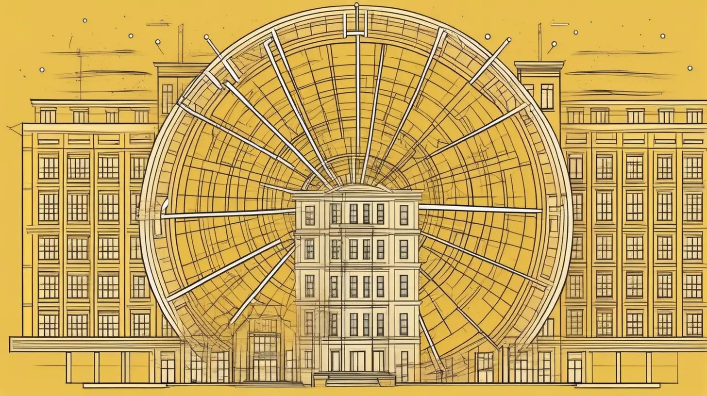 astrological wheel with hospital building,, loose lines, muted colors, , mustard, add a banner