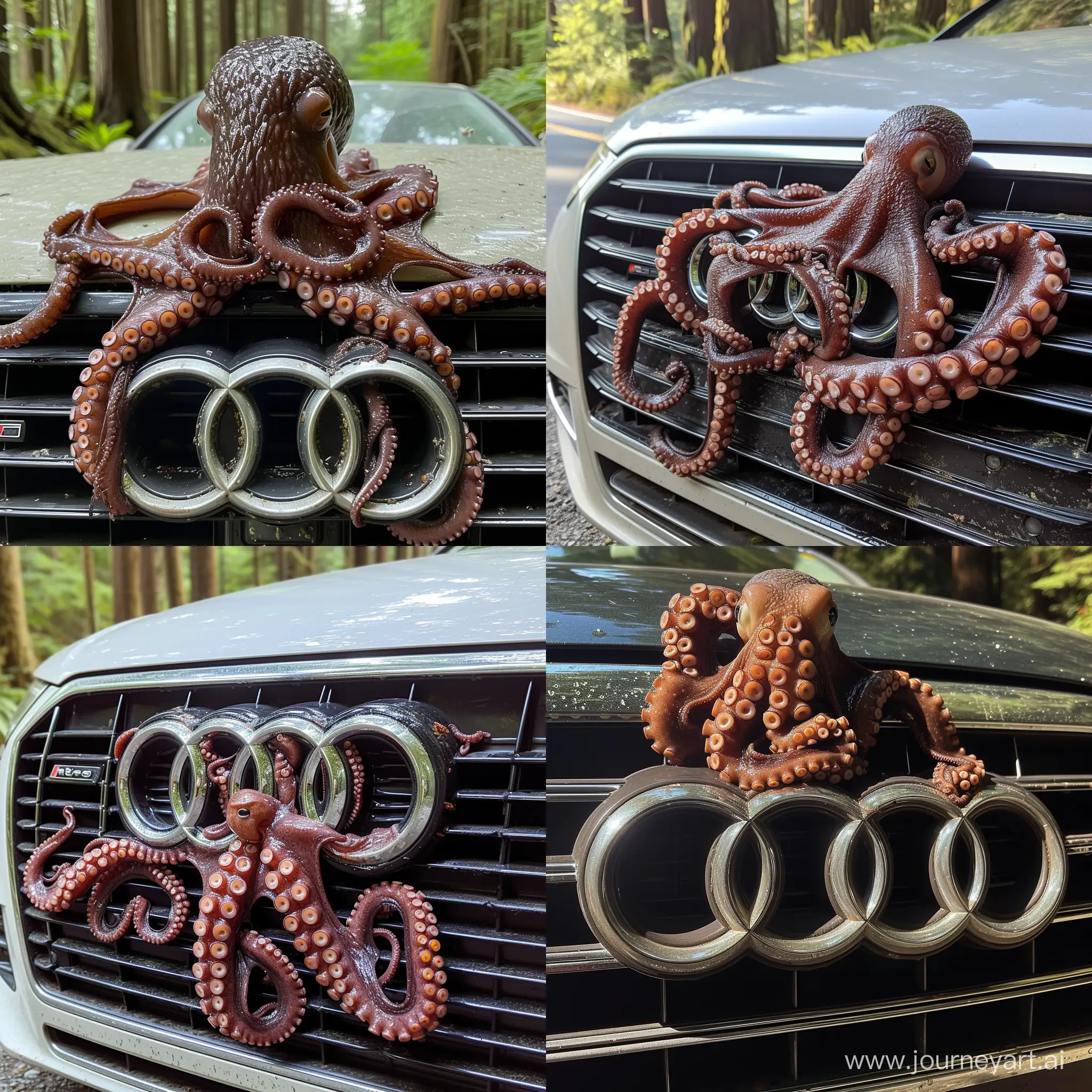 bright daylight cellphone photo of a slimy wet mottled brown octopus stuck in the front grill of a audi sedan, tentacles wrapped in between the grill, wide shot of the octopus with the whole front of the car in frame, route 101 state park road, coastal rainforest