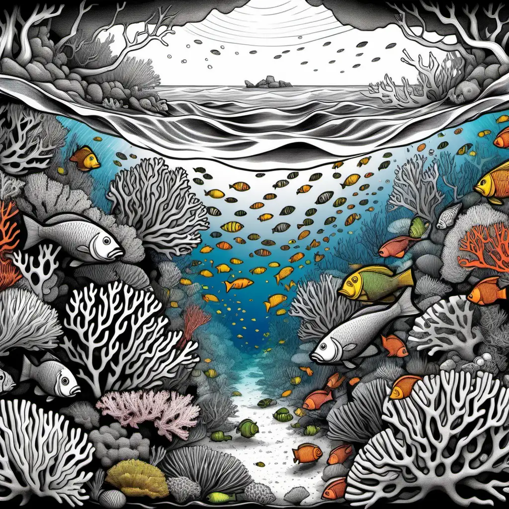 Detailed Black and White Australian Ocean Landscape with Colorful Coral and Fish