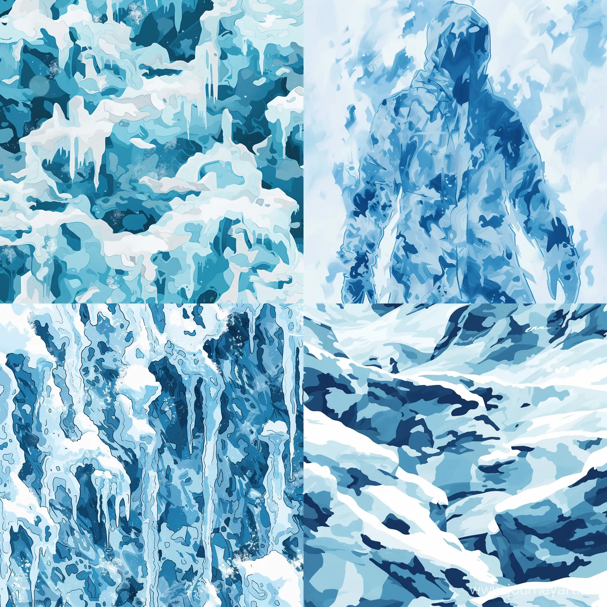 Generate an icy/cold camouflage illustration that blends seamlessly with wintry environments. Incorporate a frosty color palette dominated by shades of blue and white, and use abstract patterns and shapes that mimic the textures of ice and snow. The camouflage should evoke a sense of stealth and adaptation to frozen landscapes, providing effective concealment in cold environments.