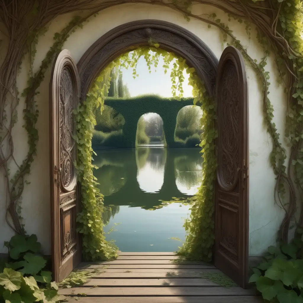 

a mystical place an ancient oval mirror  where a vine grows around the lake ,on the lake there is a pathway through an archway with ancient tall carved wooden arched doors that are half open  
