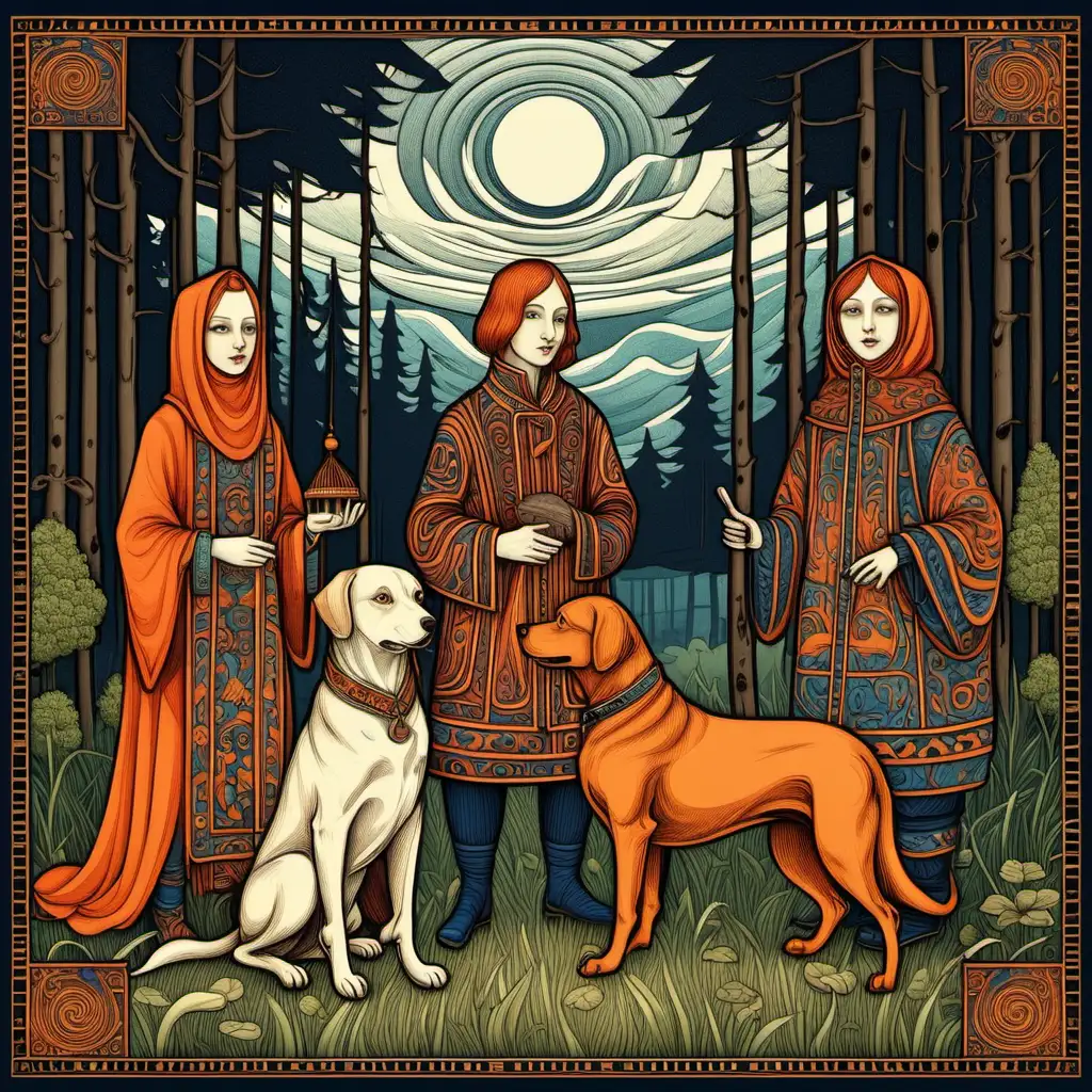  square 1:1 design dogs in the  style of Ivan Bilibin